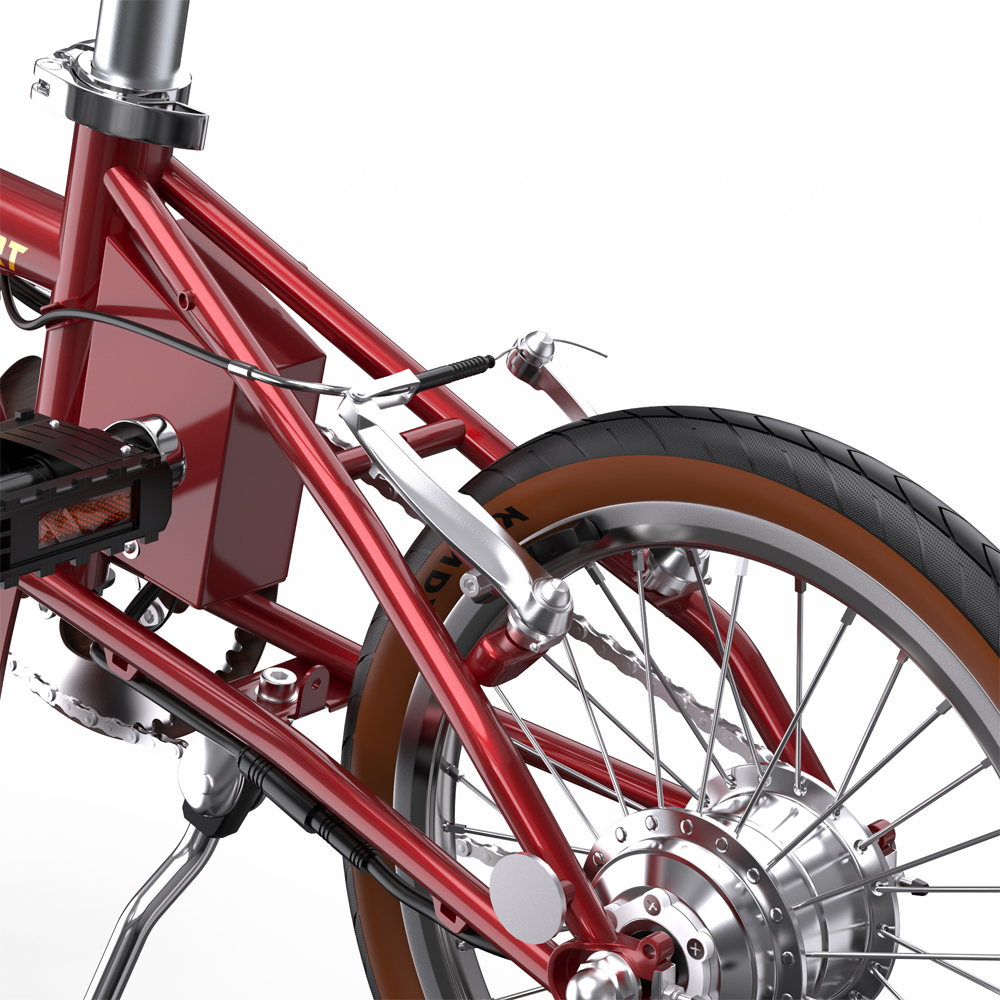 Componenti bici rossi con dettagli cromati, focus su ruota posteriore e pedale.