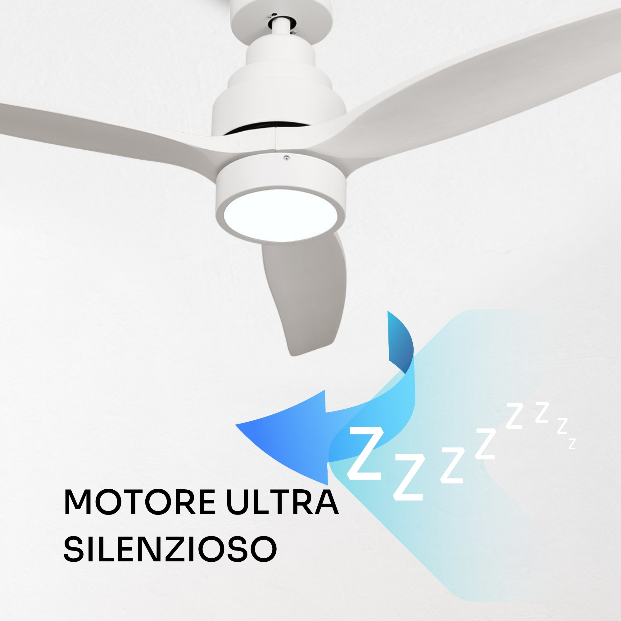 Un ventilatore da soffitto bianco con luce e frecce che indicano un funzionamento silenzioso.