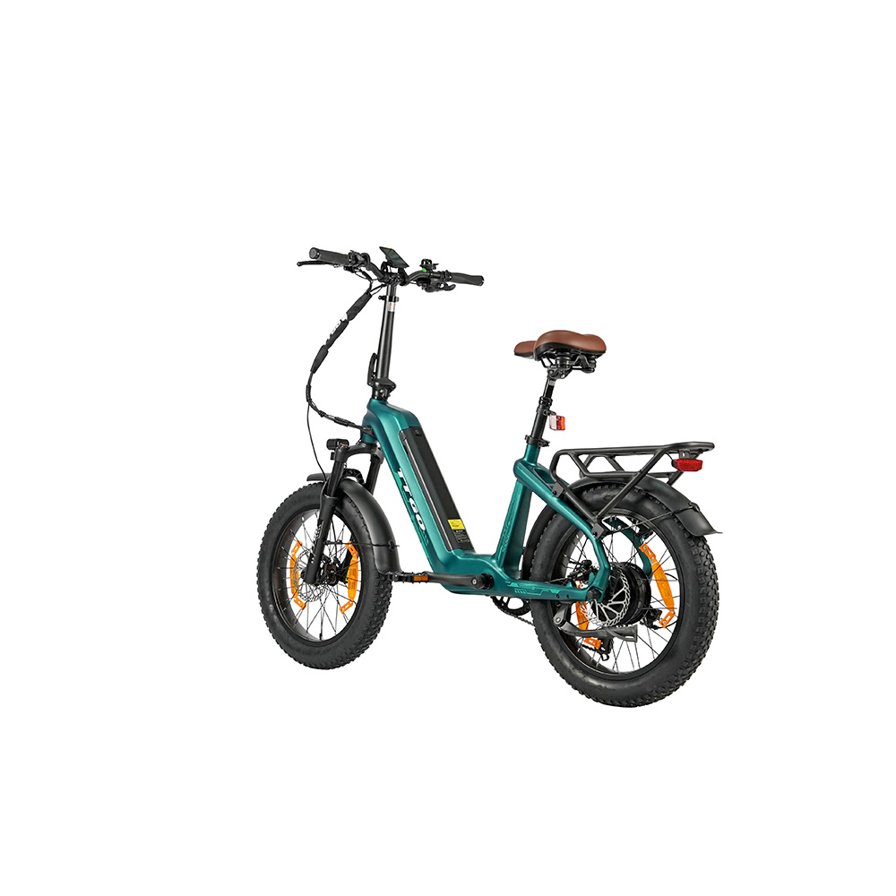 Una bicicletta elettrica fat-tire color verde acqua con sella marrone.