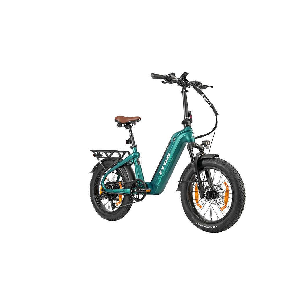Un telaio di e-bike color verde acqua con sella marrone e pneumatici larghi.