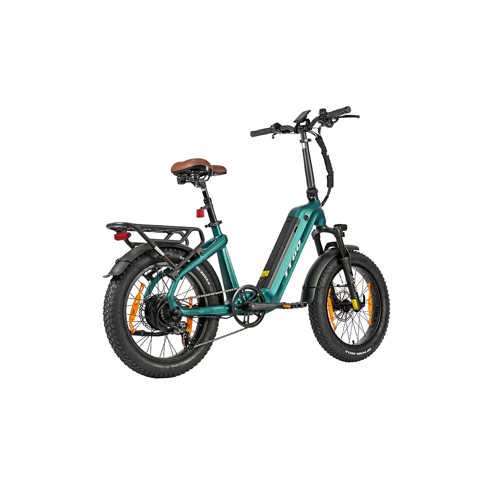 Una e-bike pieghevole color turchese con sella marrone, portapacchi e pneumatici larghi.