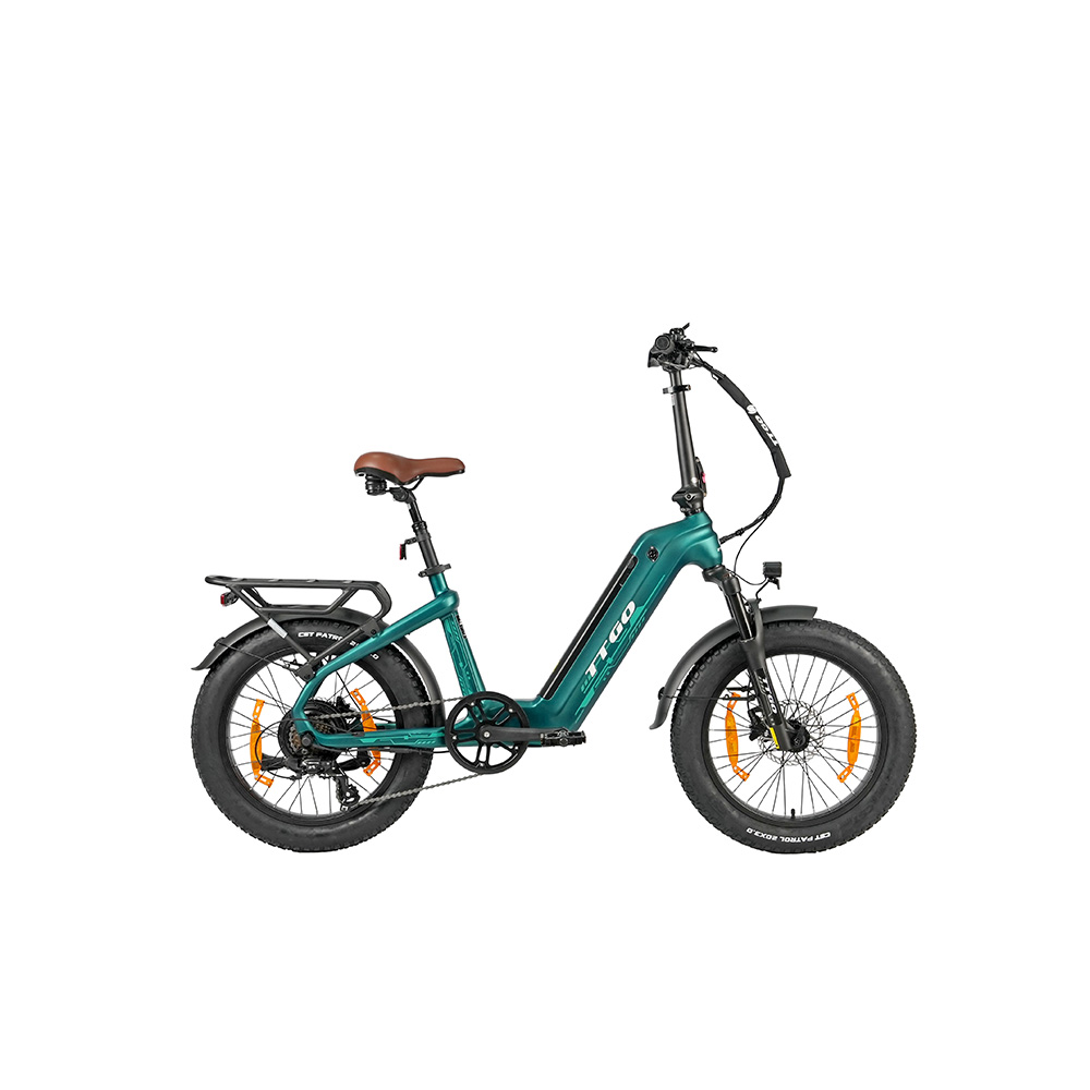 Bici elettrica pieghevole verde con pneumatici larghi e sella marrone, su bianco.