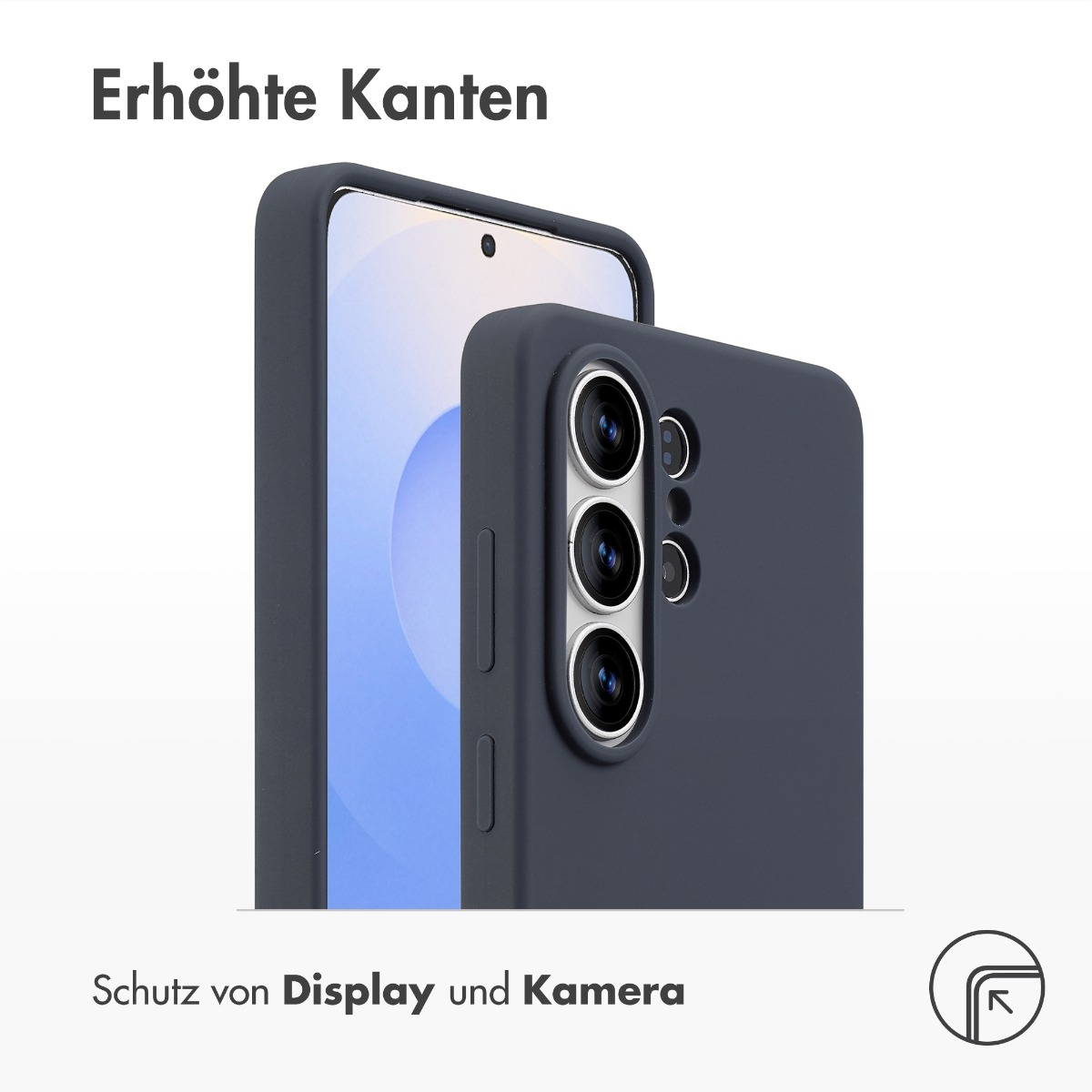 Grijze telefoonhoes met camera-uitsparing en verhoogde randen.