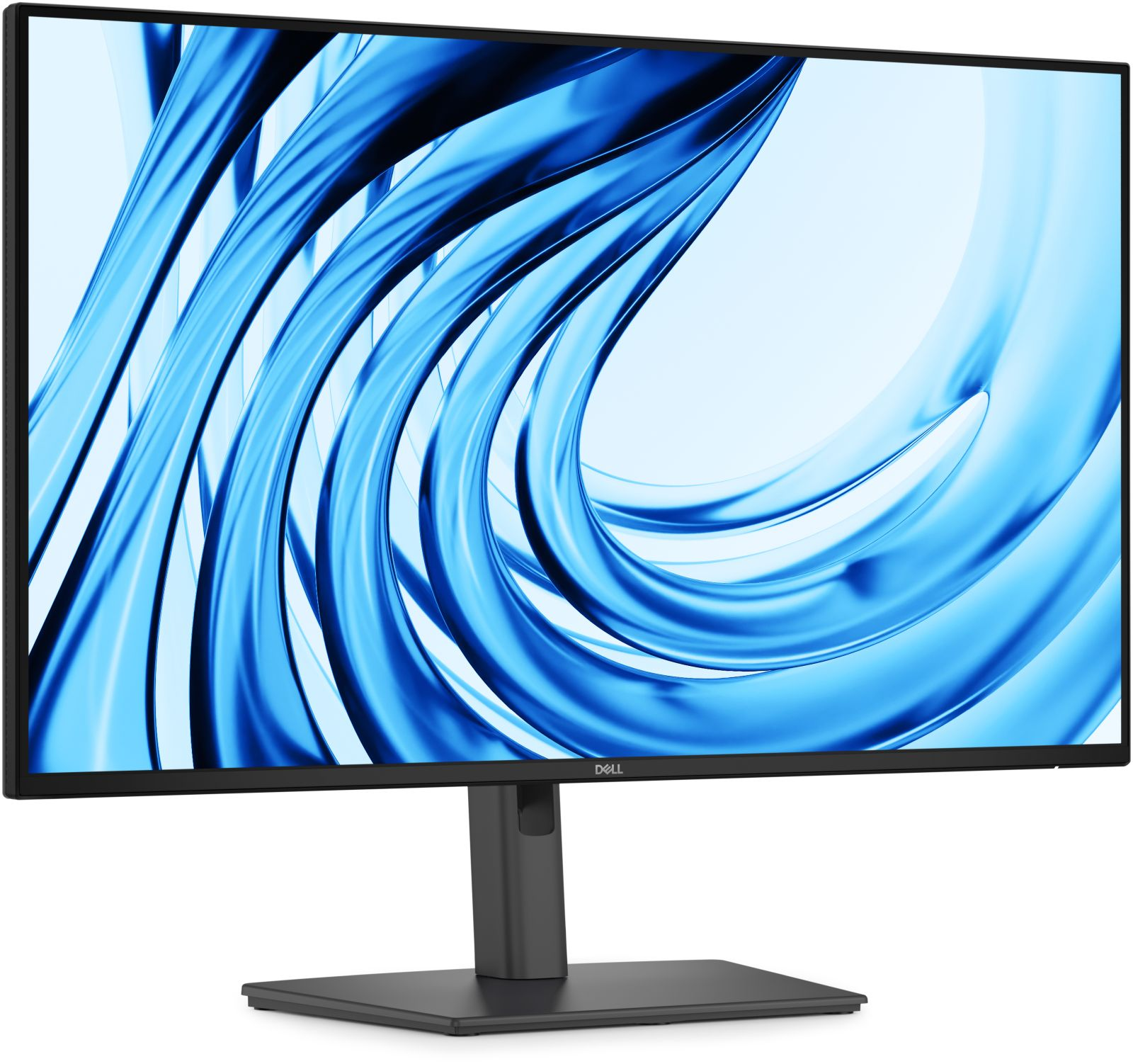 Een Dell monitor met een abstracte blauwe wervelende screensaver.