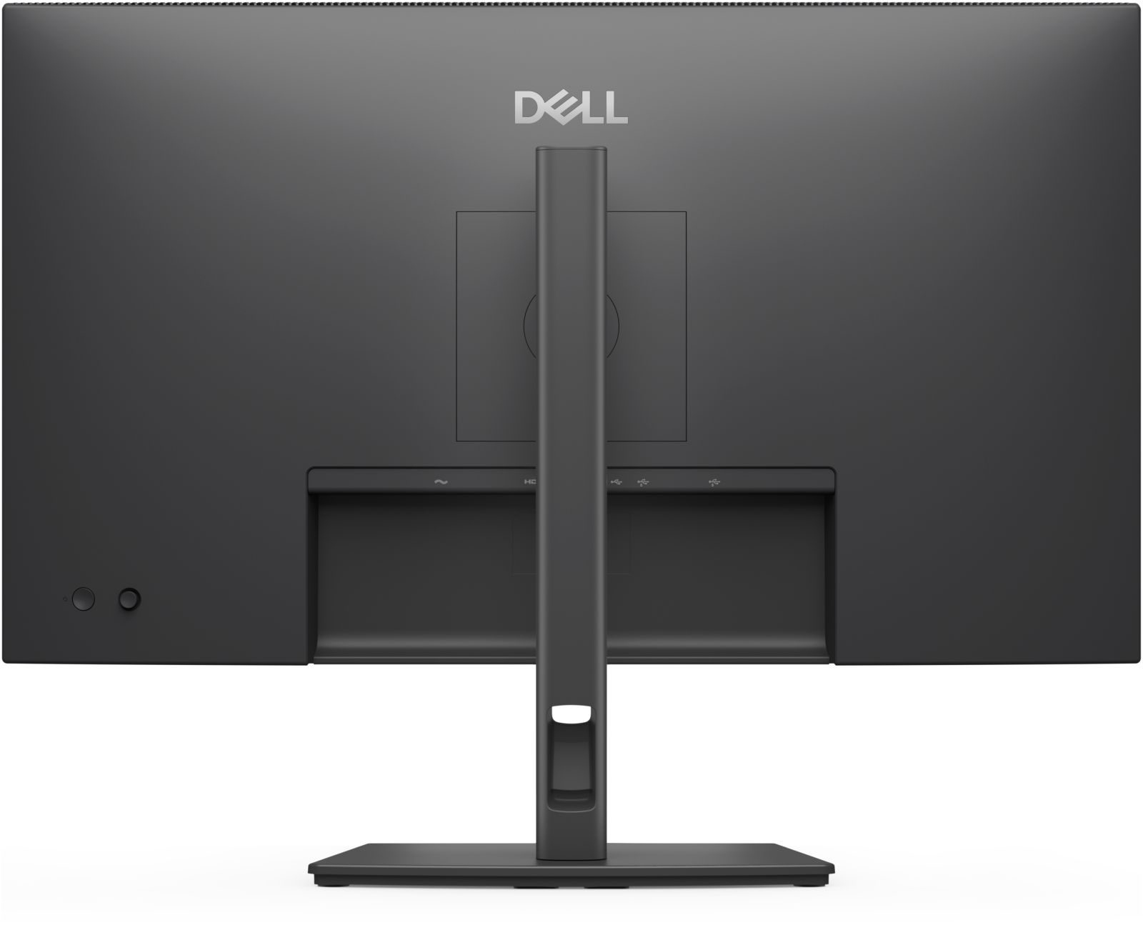 Achterkant van een zwarte Dell monitor met poorten en standaard.