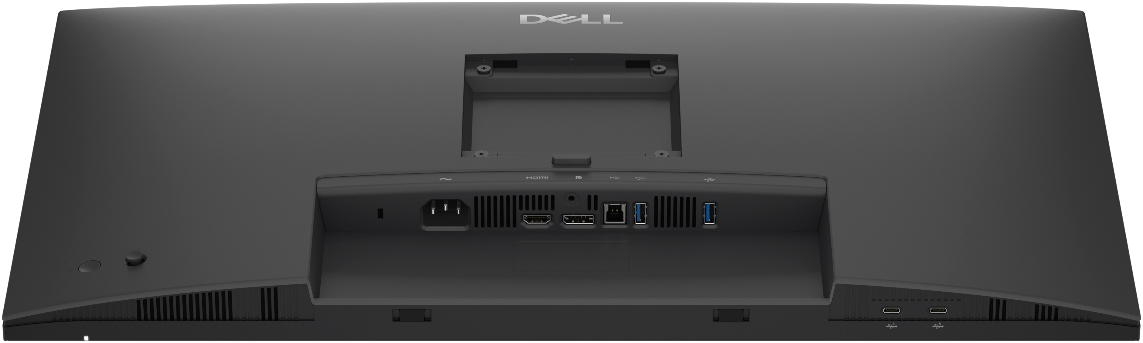 Achterkant van een zwarte Dell monitor met stroom-, HDMI-, USB-A- en USB-C-poorten.