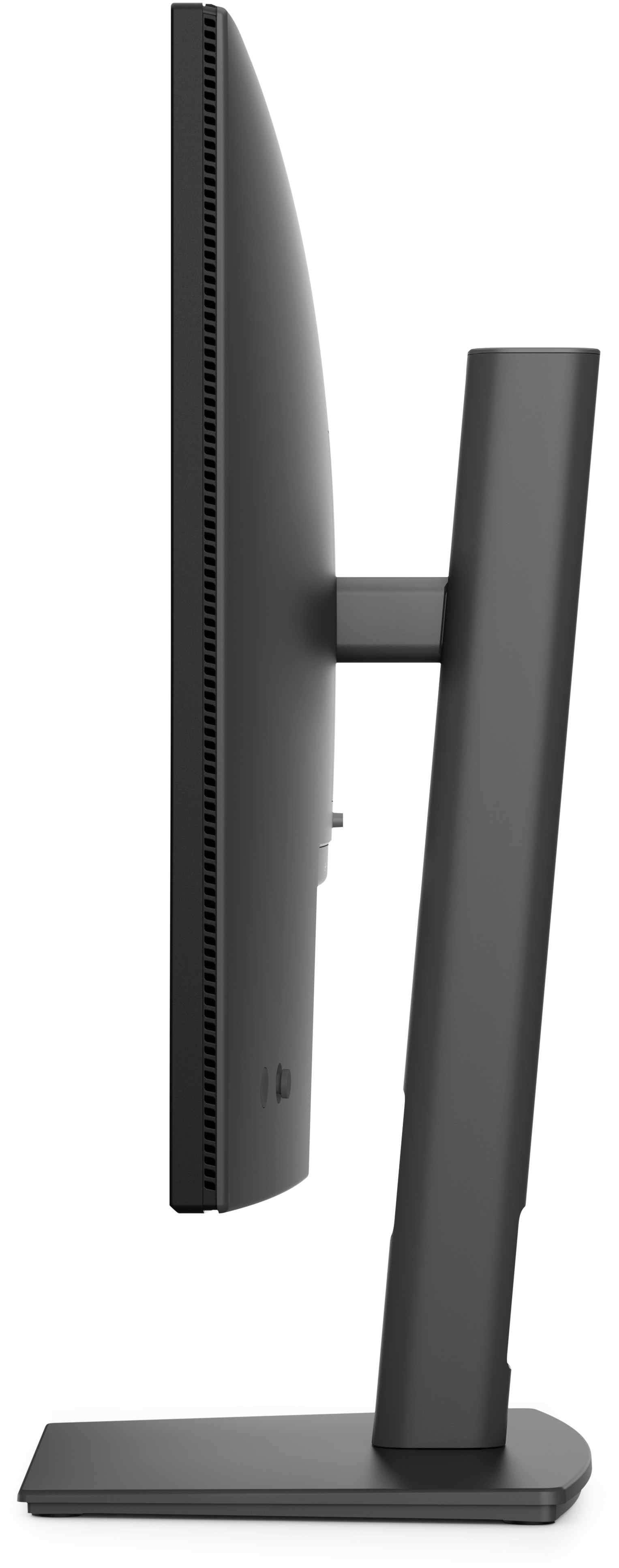 Zwarte computermonitor van de zijkant met een H-vormige standaard op witte achtergrond.