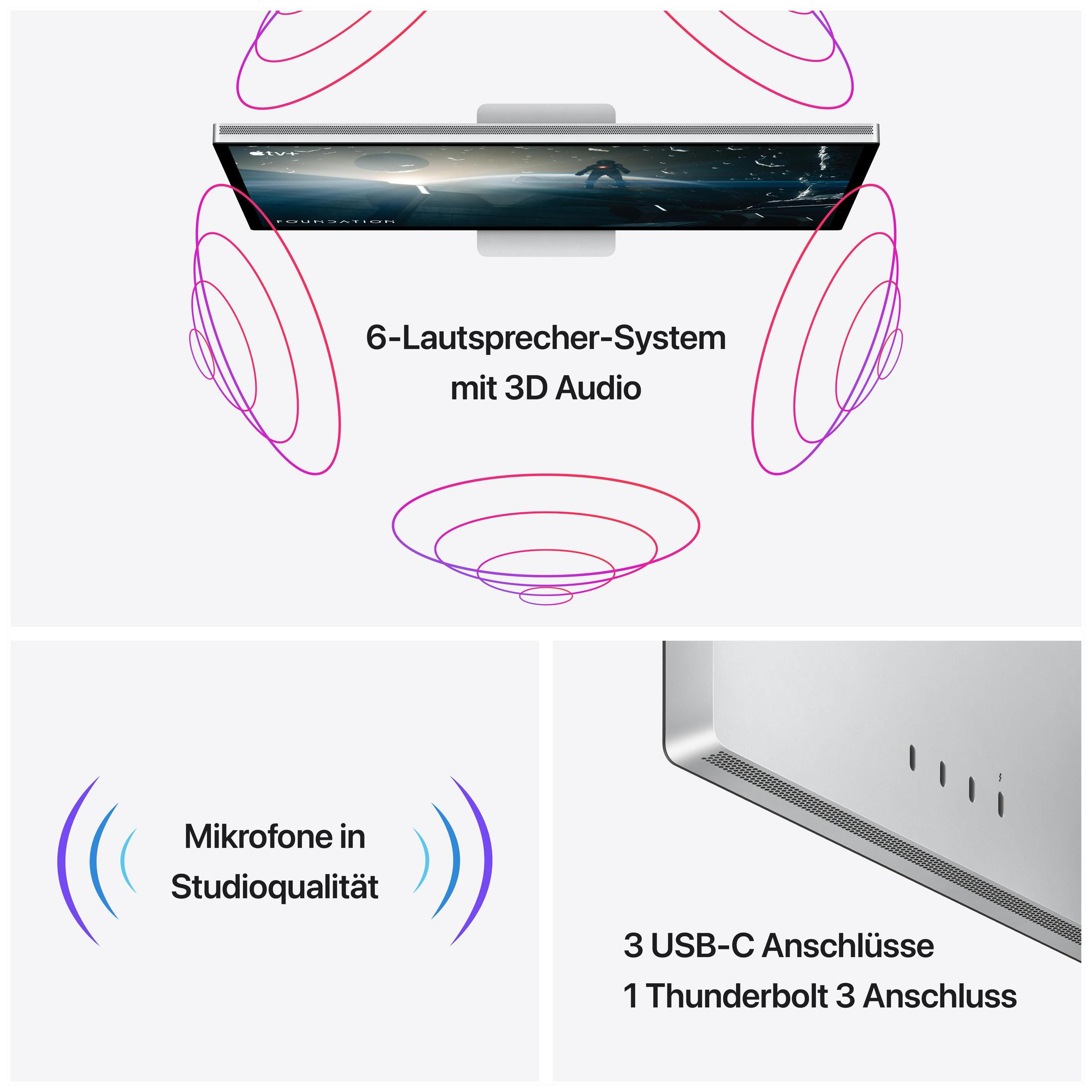 Un iMac con 6 altoparlanti, audio 3D, microfoni e porte.
