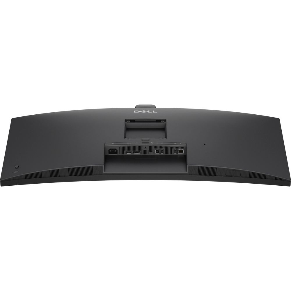 Rückseite eines gebogenen Dell-Monitors mit Anschlüssen und Dell-Logo.