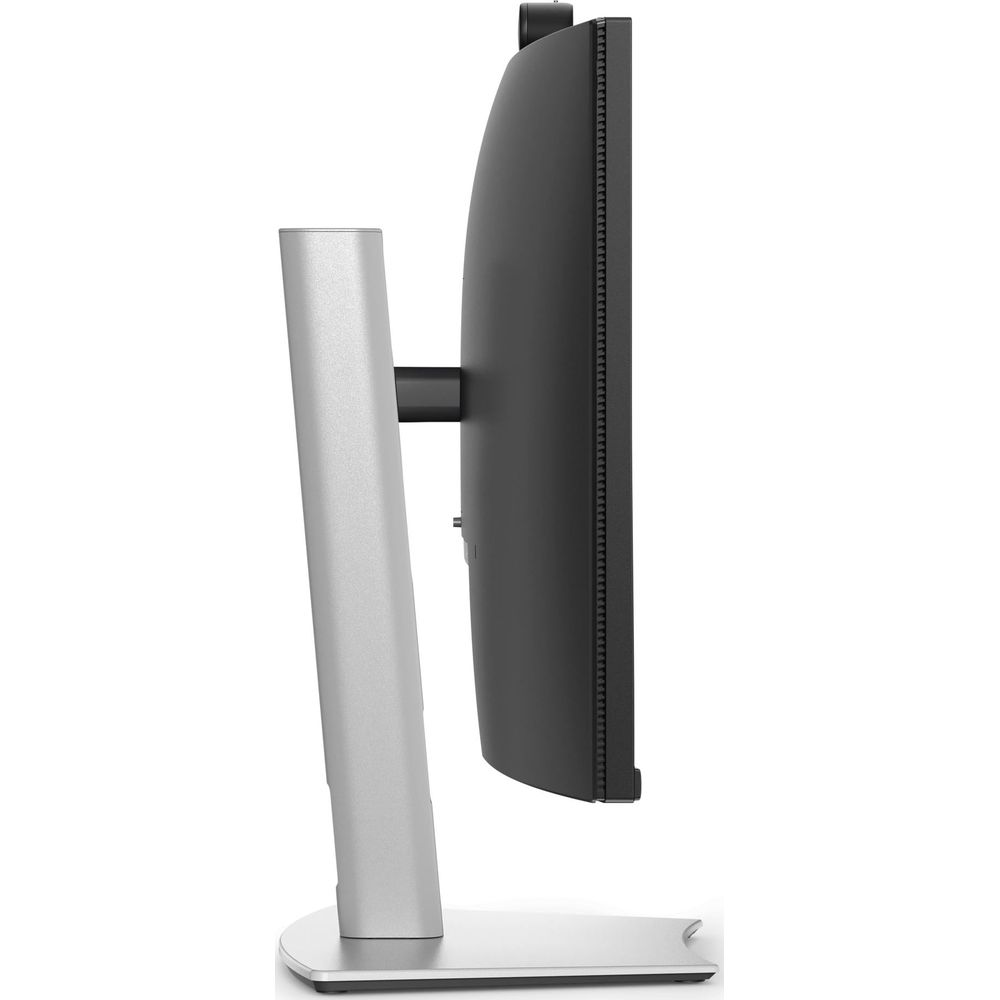 Seitenansicht eines schwarzen Monitors mit silbernem Standfuß.