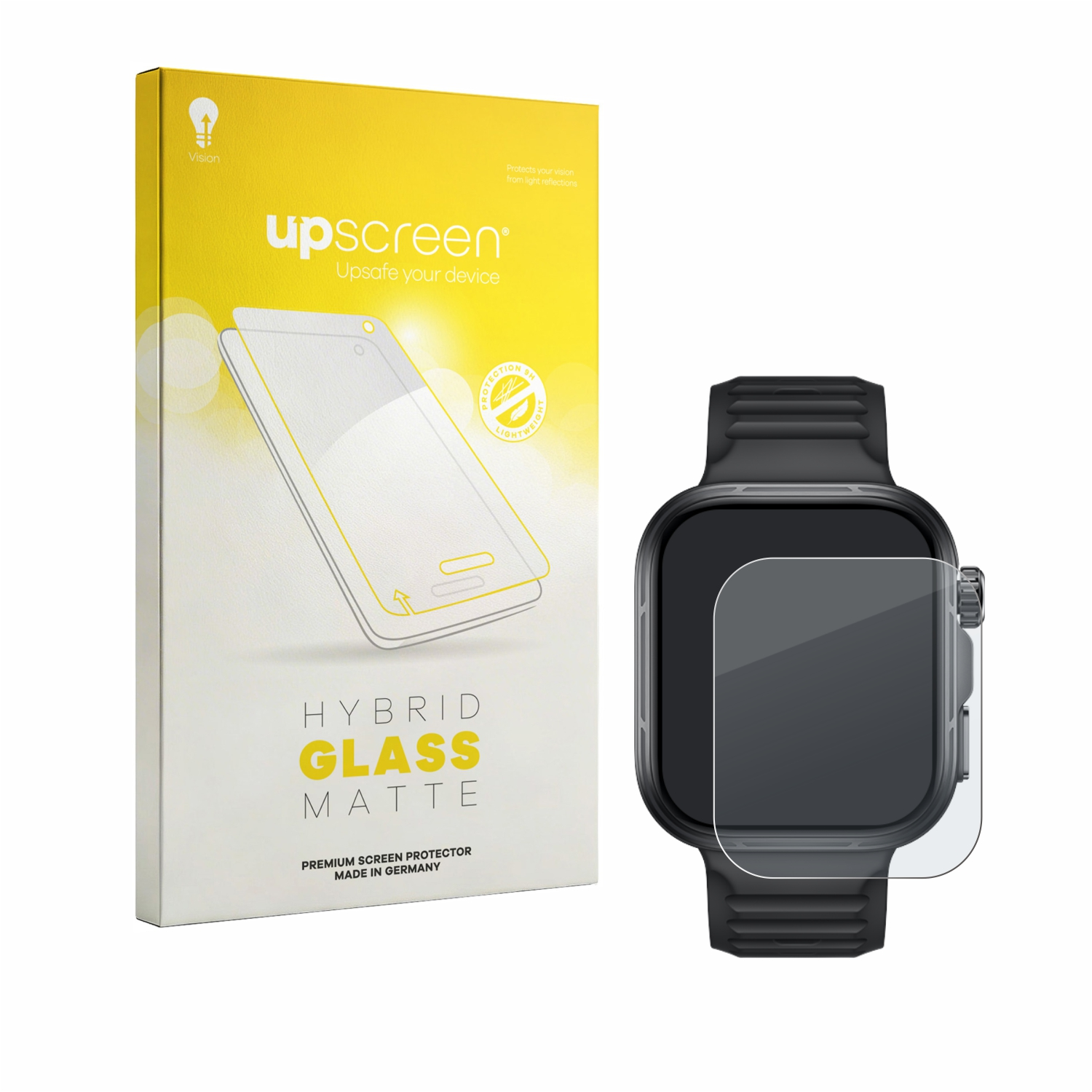 Verpackung für Displayschutzfolie neben einer Smartwatch mit angelegter Folie.