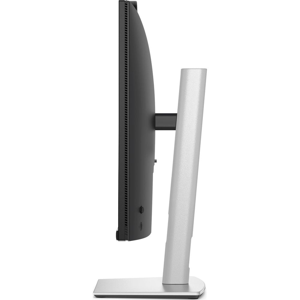 Seitliche Ansicht eines schlanken, schwarzen Monitors mit silbernem Ständer auf weißem Hintergrund.
