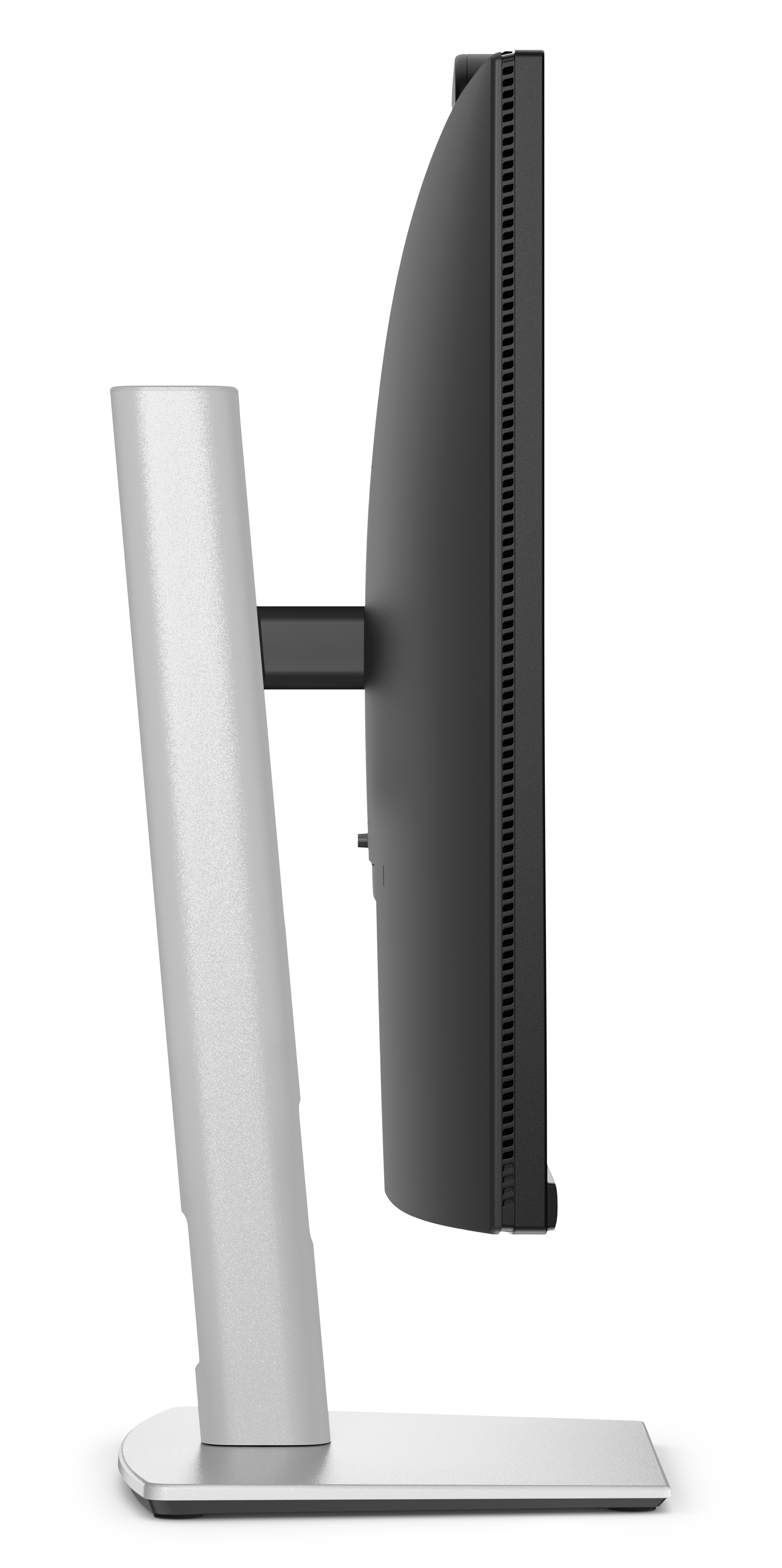 Ein Monitor mit silbernem Standfuß und schwarzem Bildschirm im Seitenprofil.
