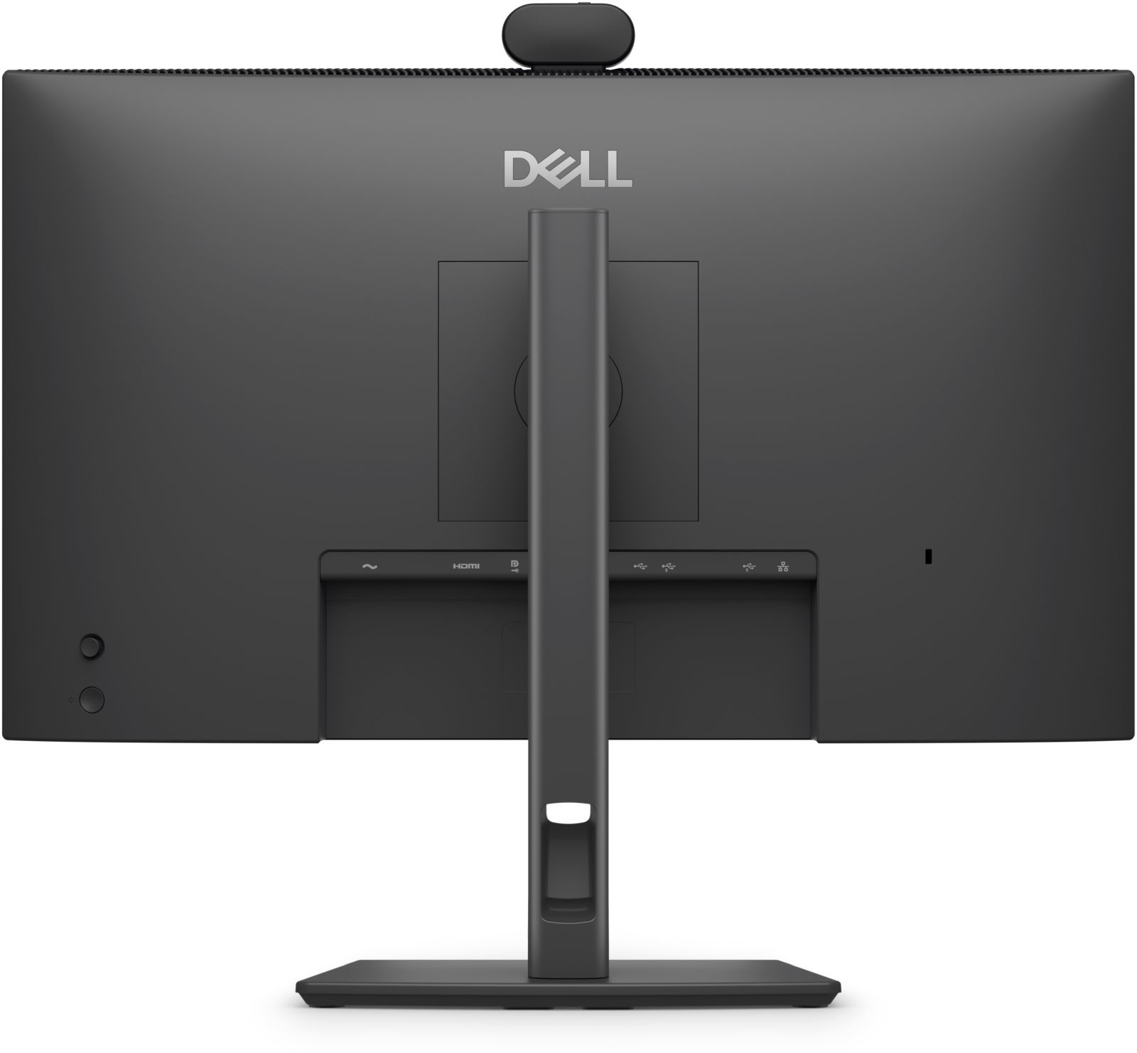 Rückseite eines schwarzen Dell Monitors mit Webcam, Anschlüssen und Ständer.
