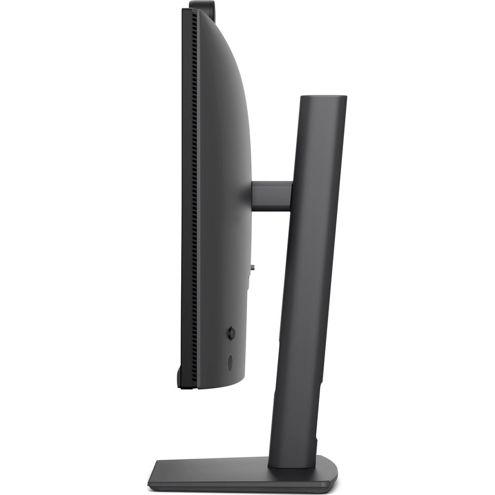 Seitenansicht eines schwarzen Monitors mit Standfuß auf weißem Hintergrund.