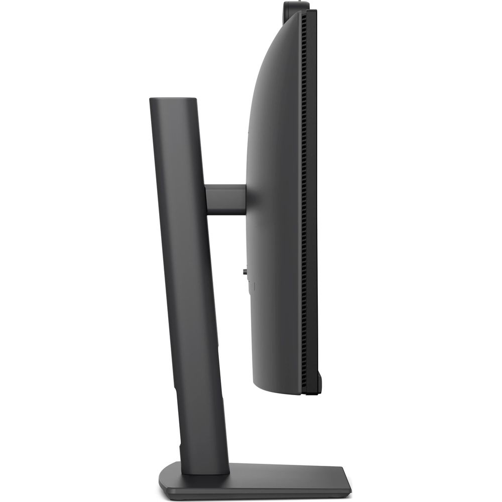Seitenansicht eines schwarzen Computermonitors auf einem Ständer vor weißem Hintergrund.