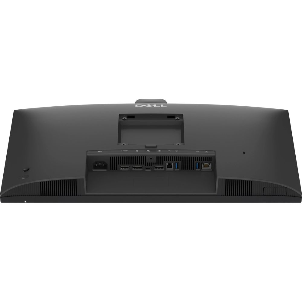 Rückseite eines schwarzen Dell Monitors mit Anschlüssen wie HDMI, USB und Strom.