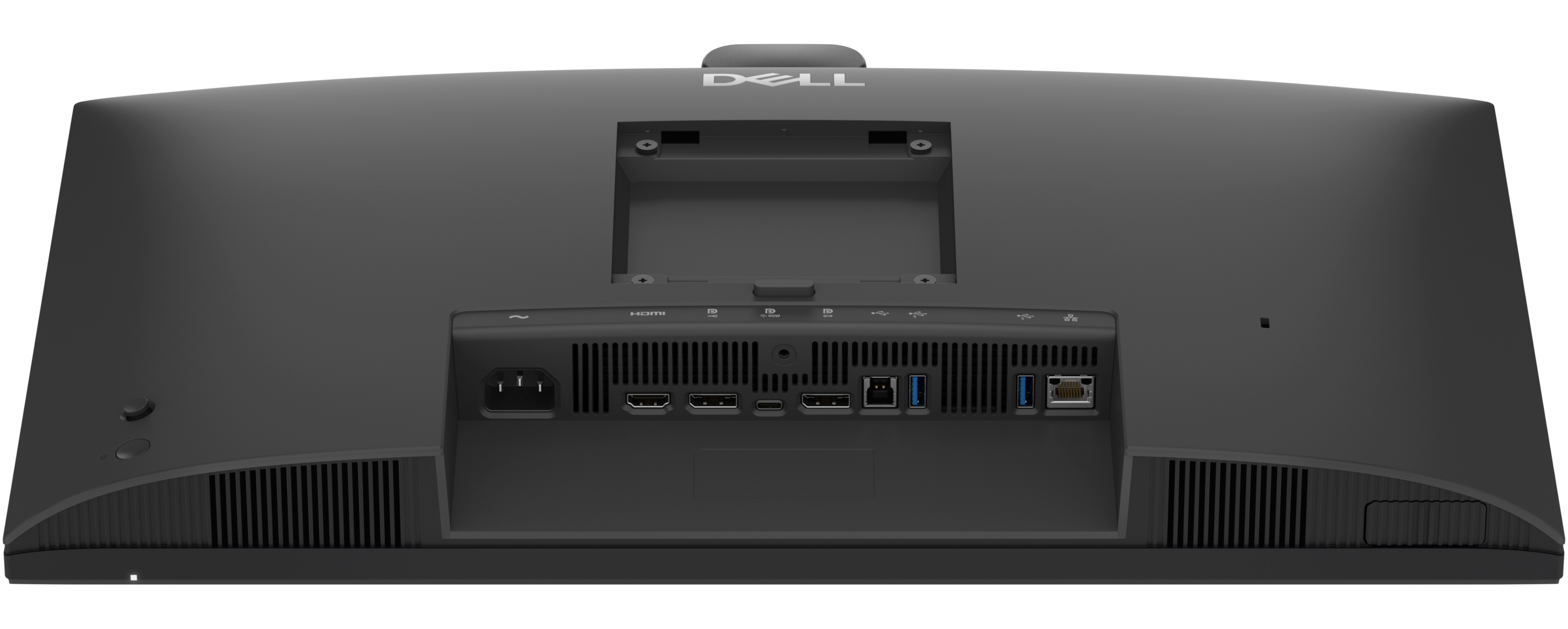 Rückseite eines schwarzen Dell-Monitors mit Anschlüssen wie HDMI, USB und Ethernet.