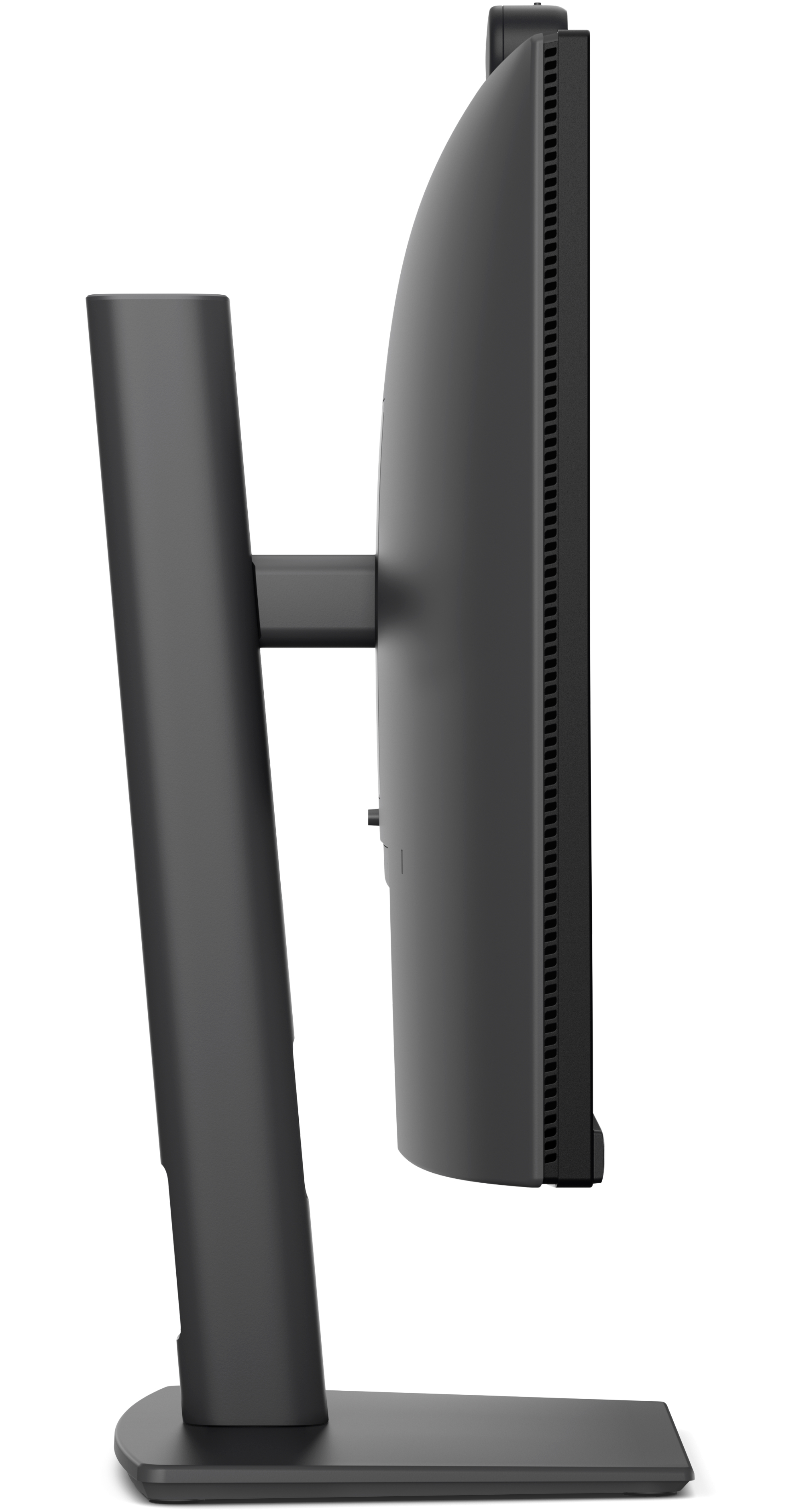 Grauer Computermonitor auf einem Ständer, seitliche Ansicht.