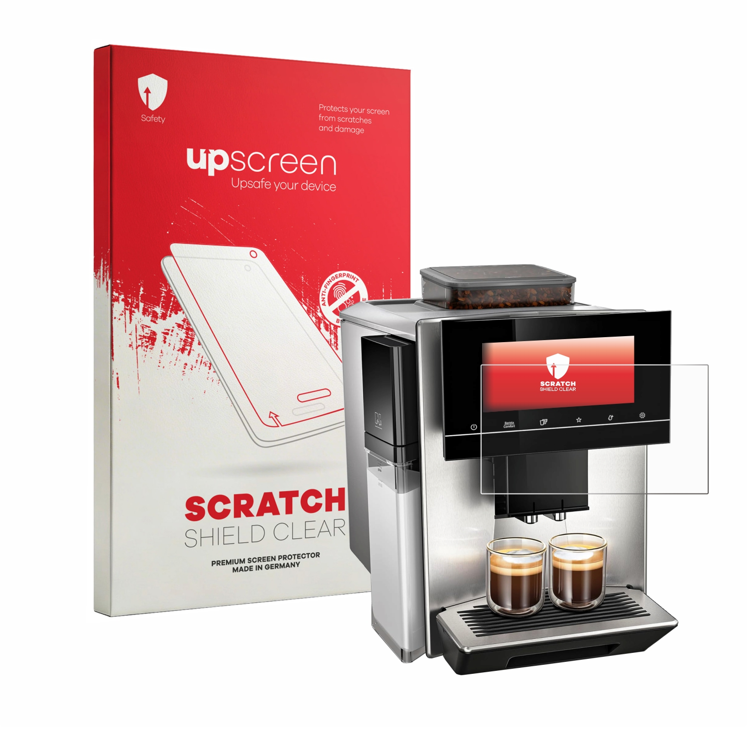 Eine silberne Kaffeemaschine mit zwei Espressotassen und einer Displayschutzfolien-Box.