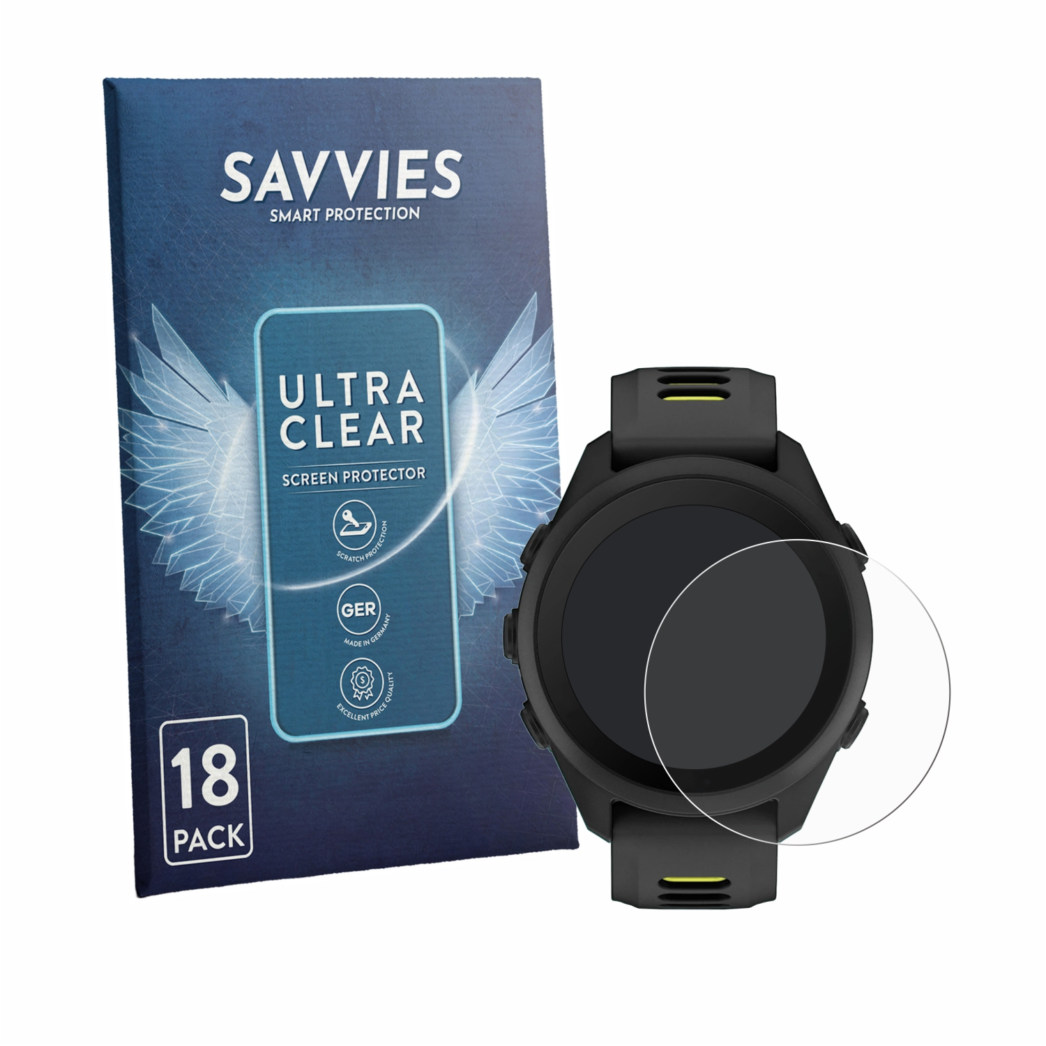 Savvies Displayschutzfolie und eine schwarze Smartwatch.