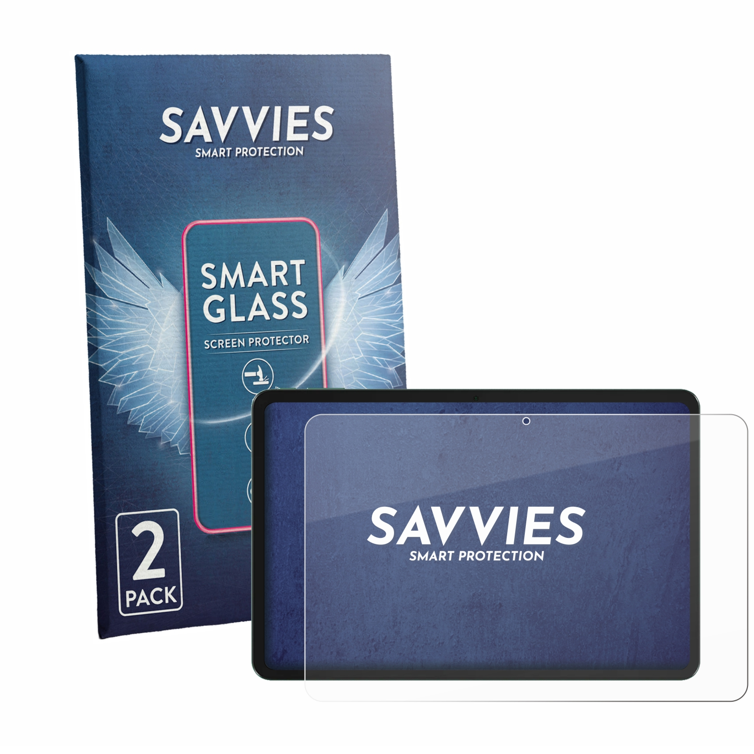 Verpackung und Displayschutzfolie für ein Tablet mit Savvies-Logo.