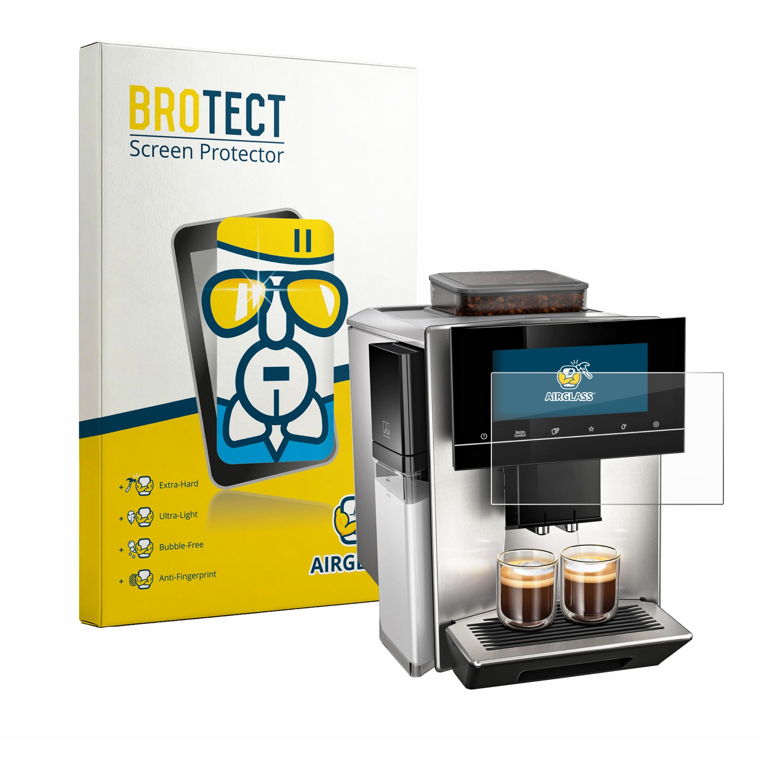Kaffeemaschine mit zwei Espressos und BROTECT Displayschutzfolie.