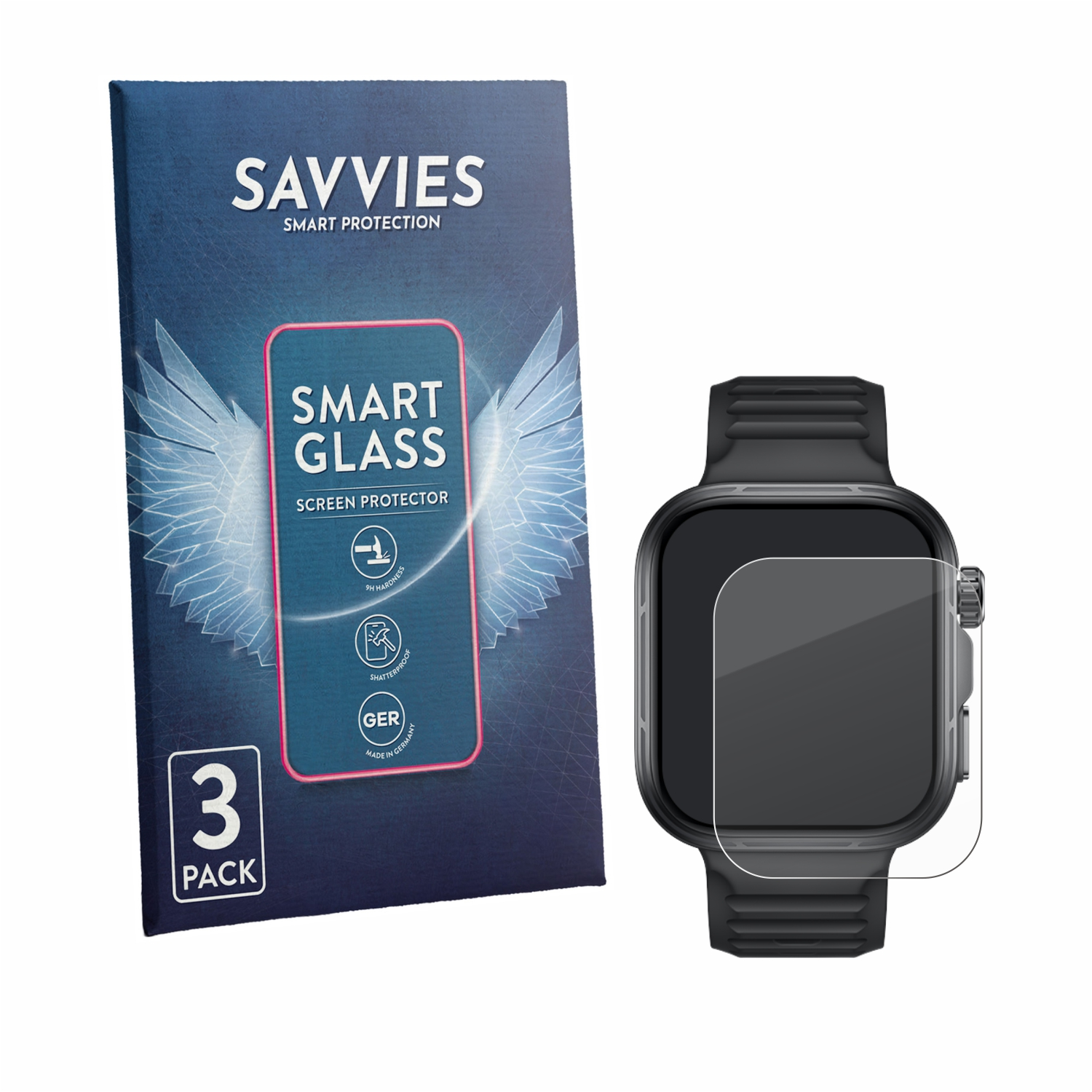 Savvies Smart Glass Schutzfolie 3er Pack neben einer schwarzen Smartwatch mit angelegter Schutzfolie.