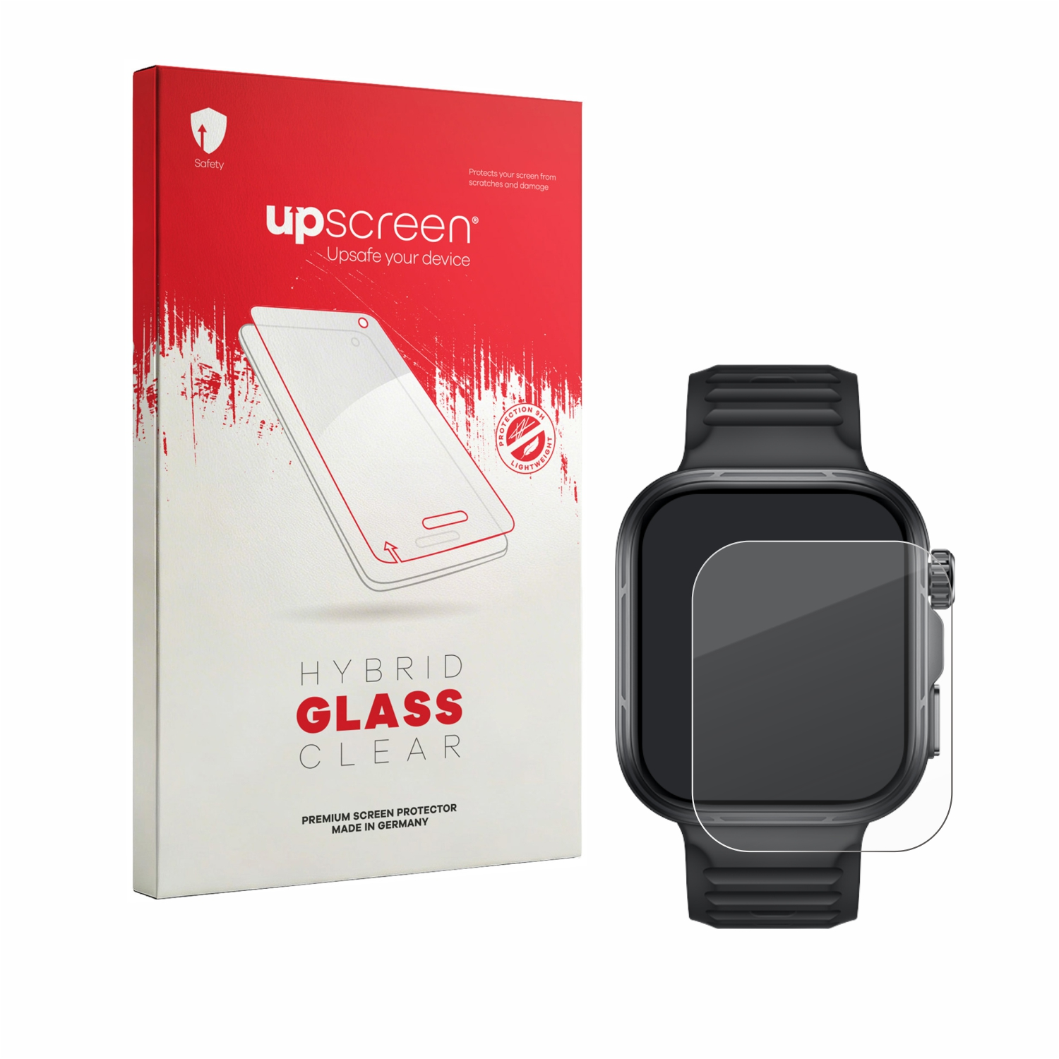 Verpackung für einen Displayschutz und eine Smartwatch mit angelegtem Schutz.