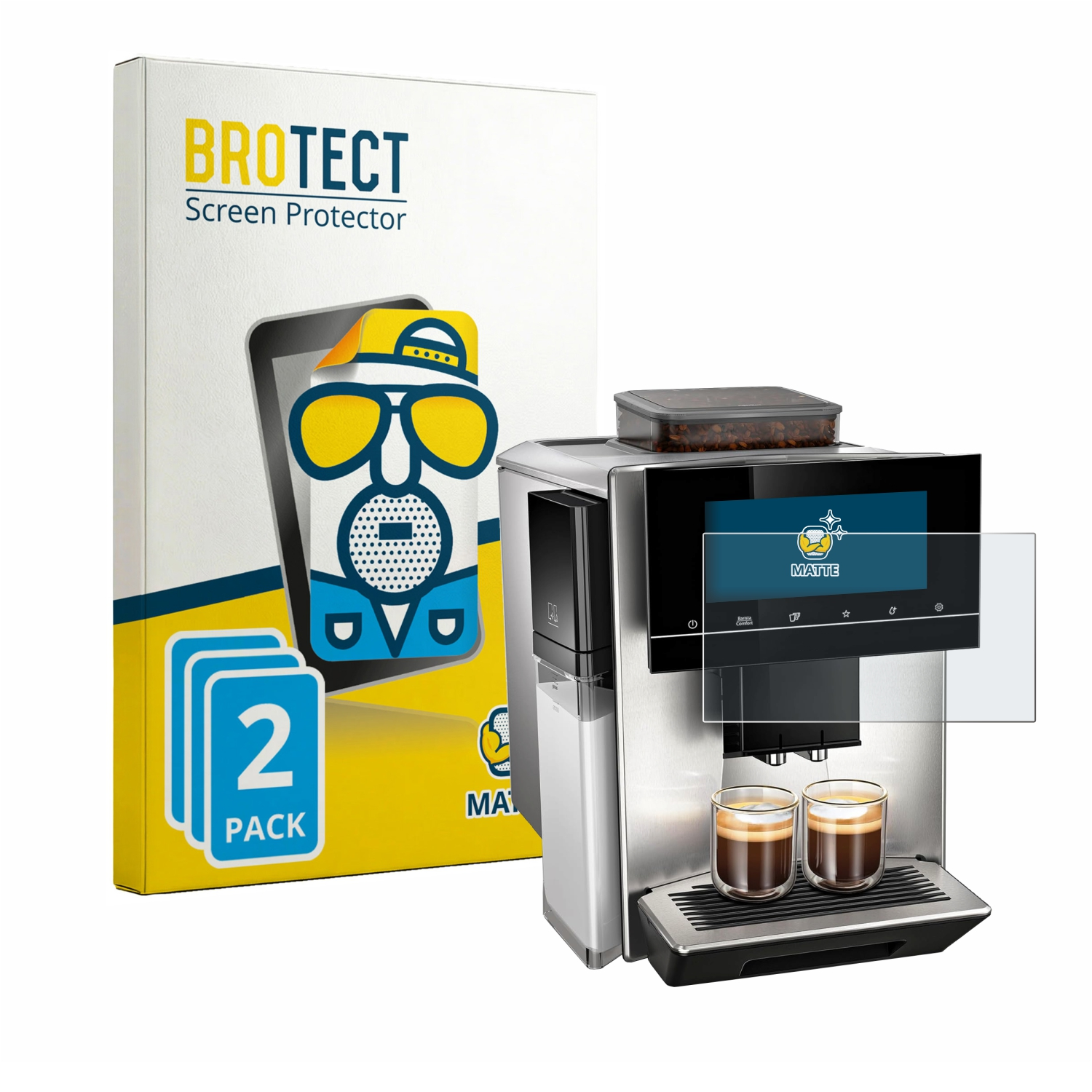 Kaffeemaschine mit zwei Espressogläsern und einer Verpackung für Displayschutzfolien.