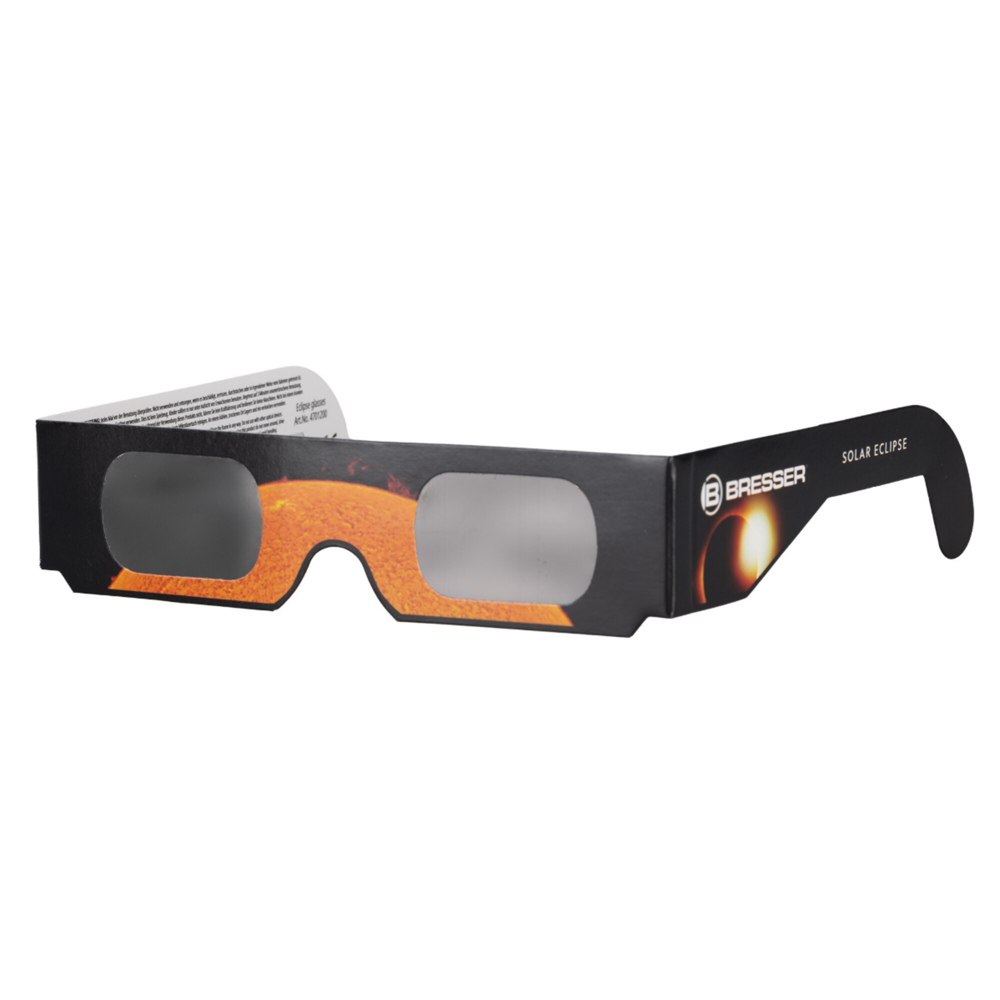 Sonnenfinsternisbrille mit Bresser-Logo und Sonne/Mond-Grafik.