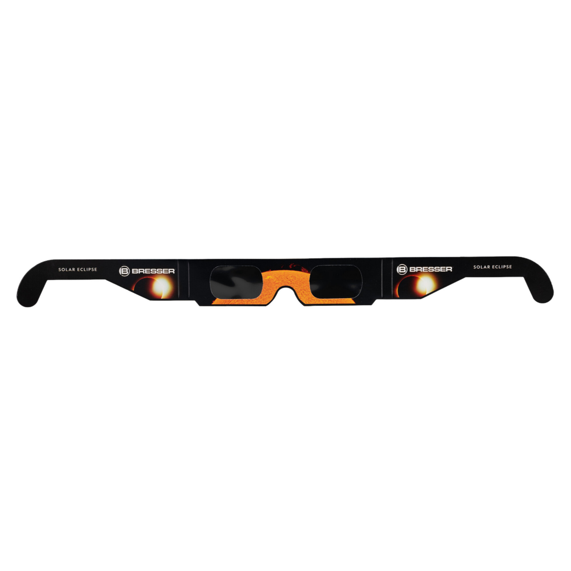 Schwarze Sonnenfinsternisbrille mit orangefarbenem Sonnendruck und Logo.