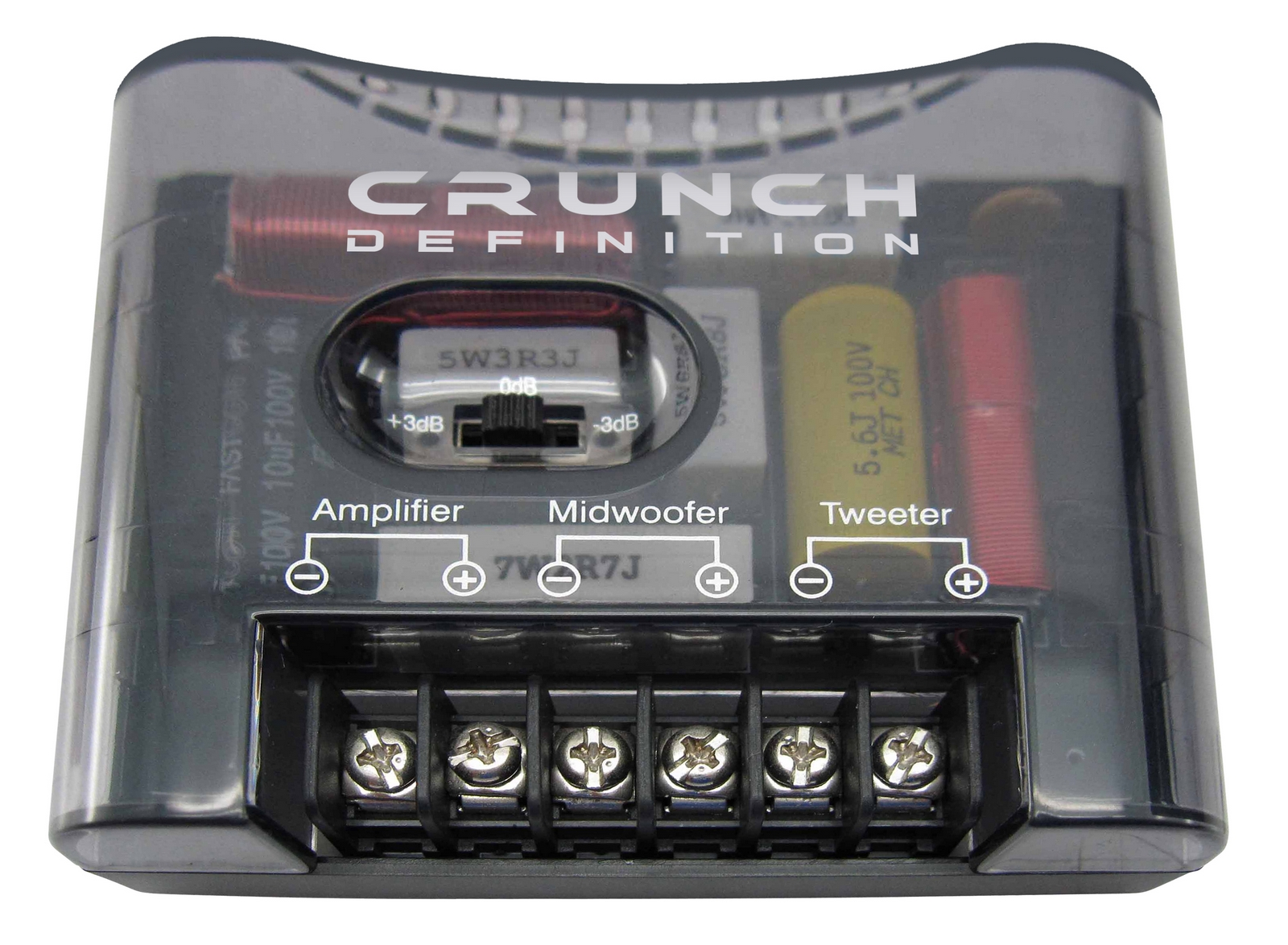 Transparenter Frequenzweiche mit Crunch Definition Logo, Spulen, Kondensatoren und Schraubklemmen.