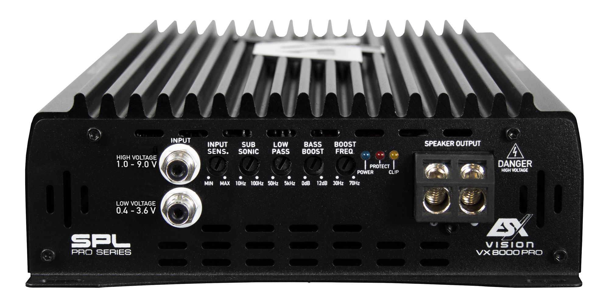 Schwarzer SPL Pro Series Verstärker mit verschiedenen Ein-/Ausgängen und Reglern.