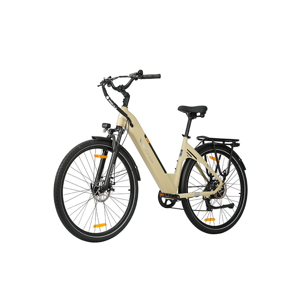 Bicicletta elettrica beige con telaio ribassato e portapacchi.