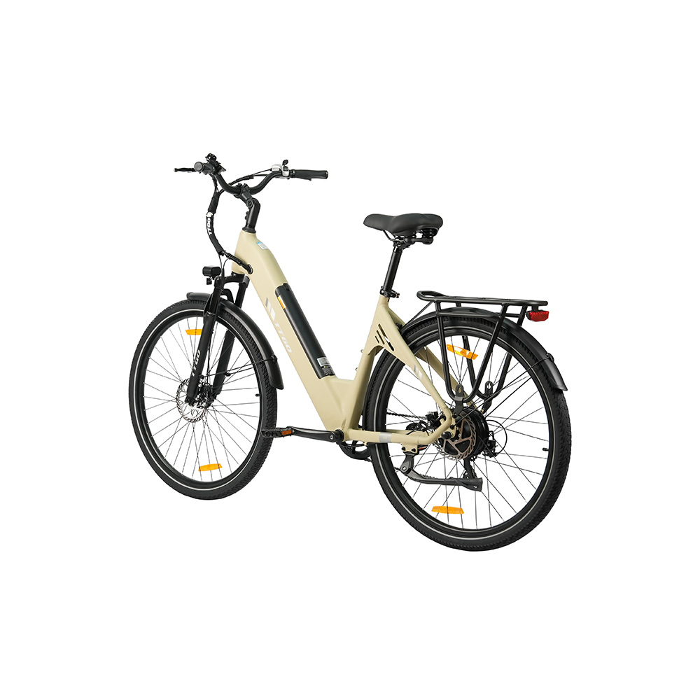 Bicicletta elettrica beige con portapacchi posteriore e ruote nere.