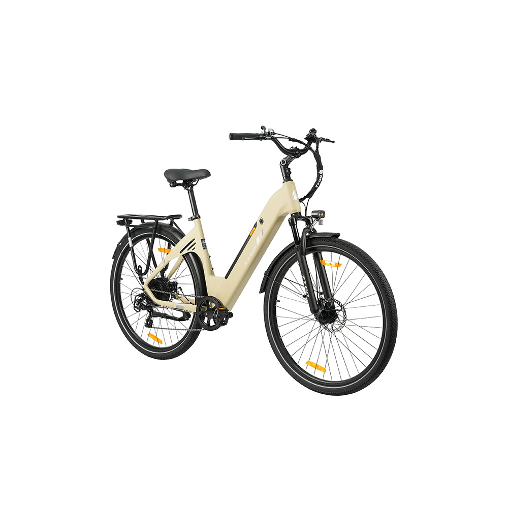 Bici elettrica beige da donna con portapacchi posteriore, isolata su bianco.