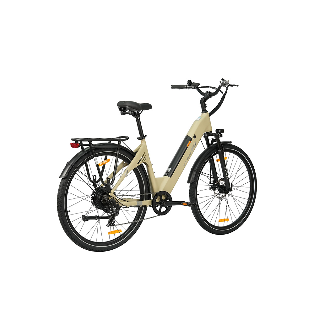 Una e-bike color sabbia con portapacchi, parafanghi e batteria montata sul telaio.