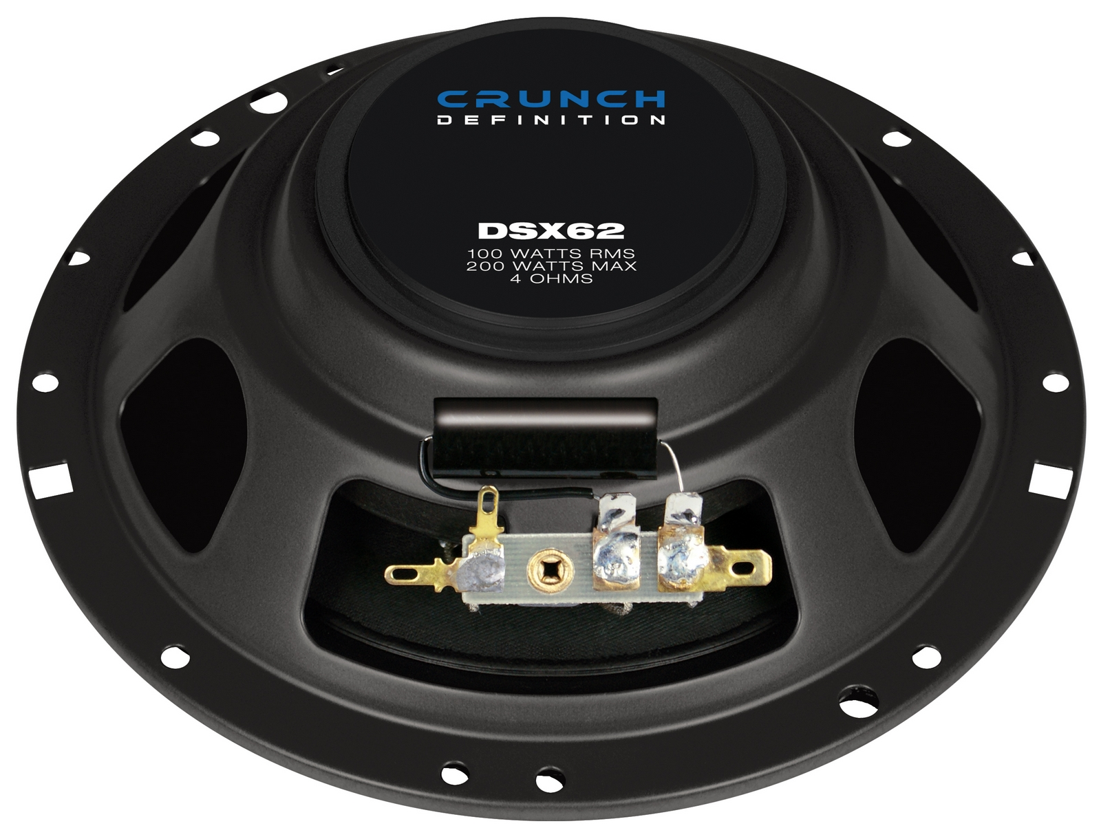 Schwarzer Lautsprecher mit "CRUNCH DEFINITION DSX62" Aufdruck und technischen Daten.