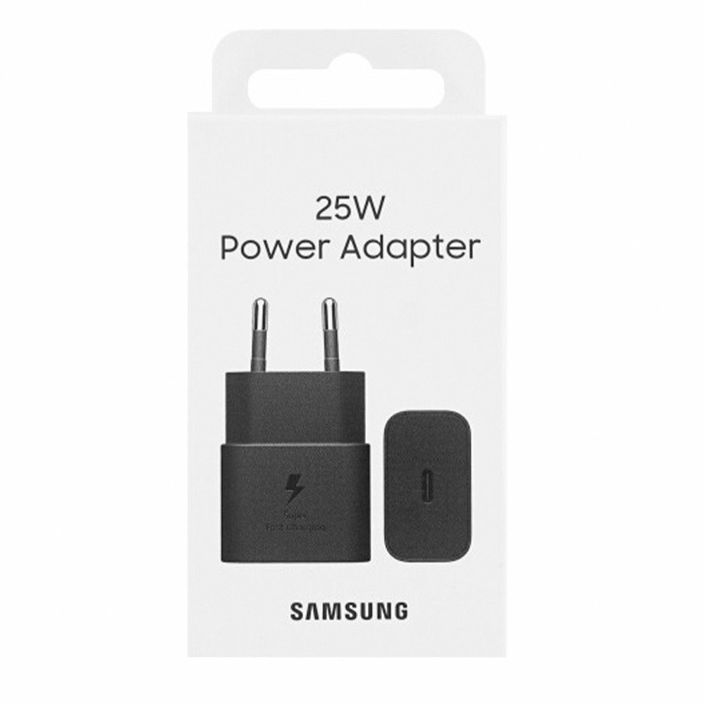 Scatola con adattatore di alimentazione e caricabatterie Samsung da 25W. Nero.