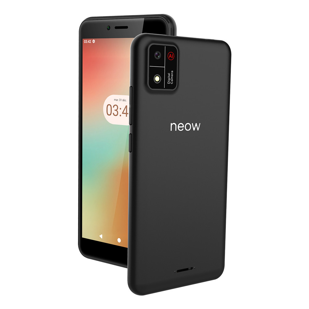 Uno smartphone nero con fotocamera posteriore e logo Neow.