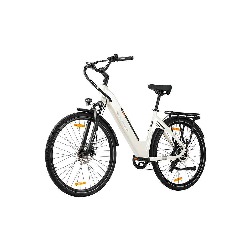 Una e-bike bianca da donna con portapacchi, sella nera, fanale anteriore e freni a disco.