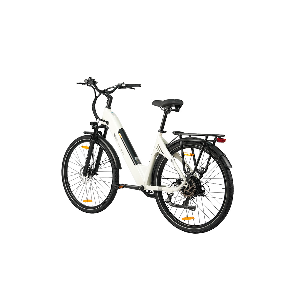 Una bicicletta elettrica bianca con sella e portapacchi neri.