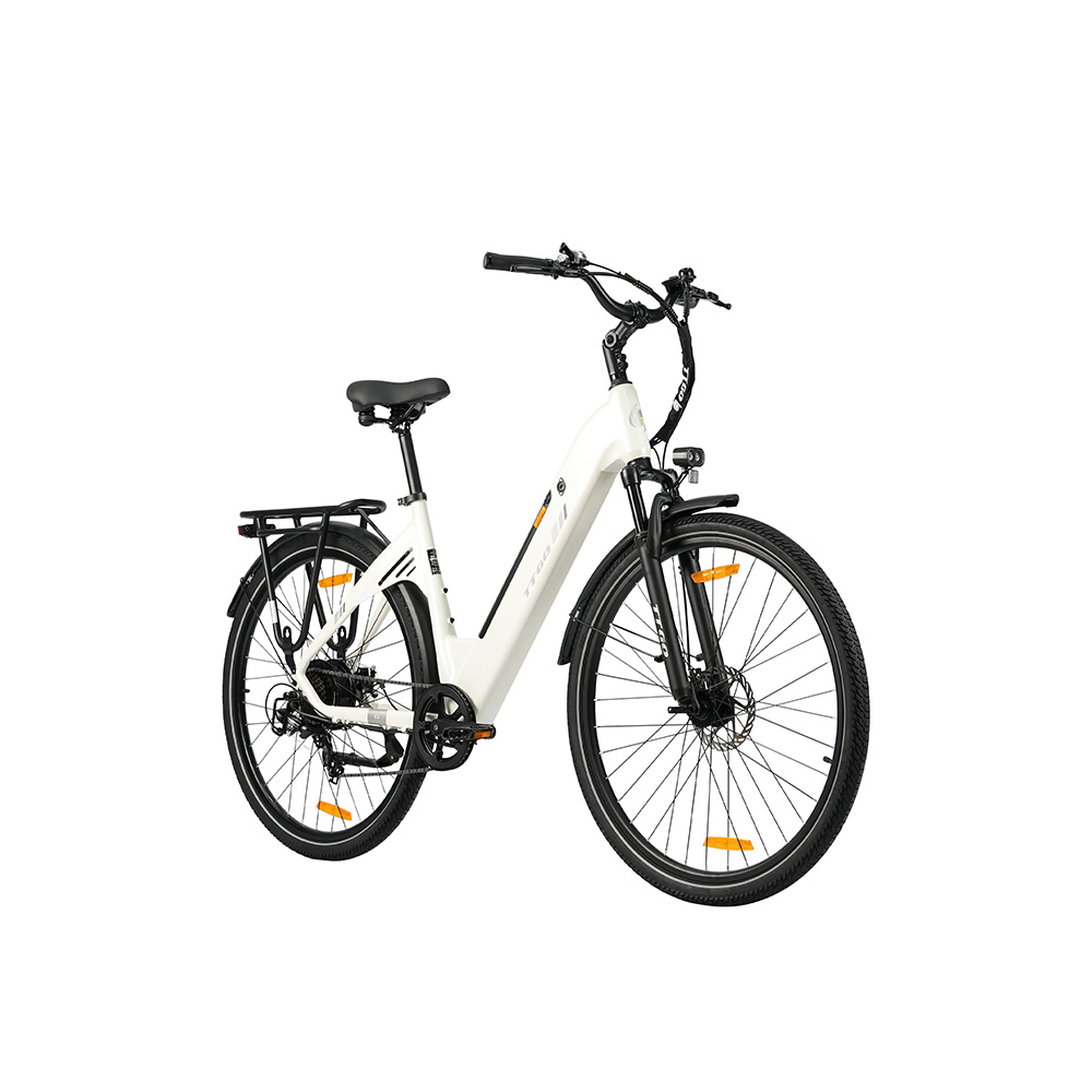 Una bicicletta elettrica bianca con accenti neri, freni a disco e portapacchi posteriore.