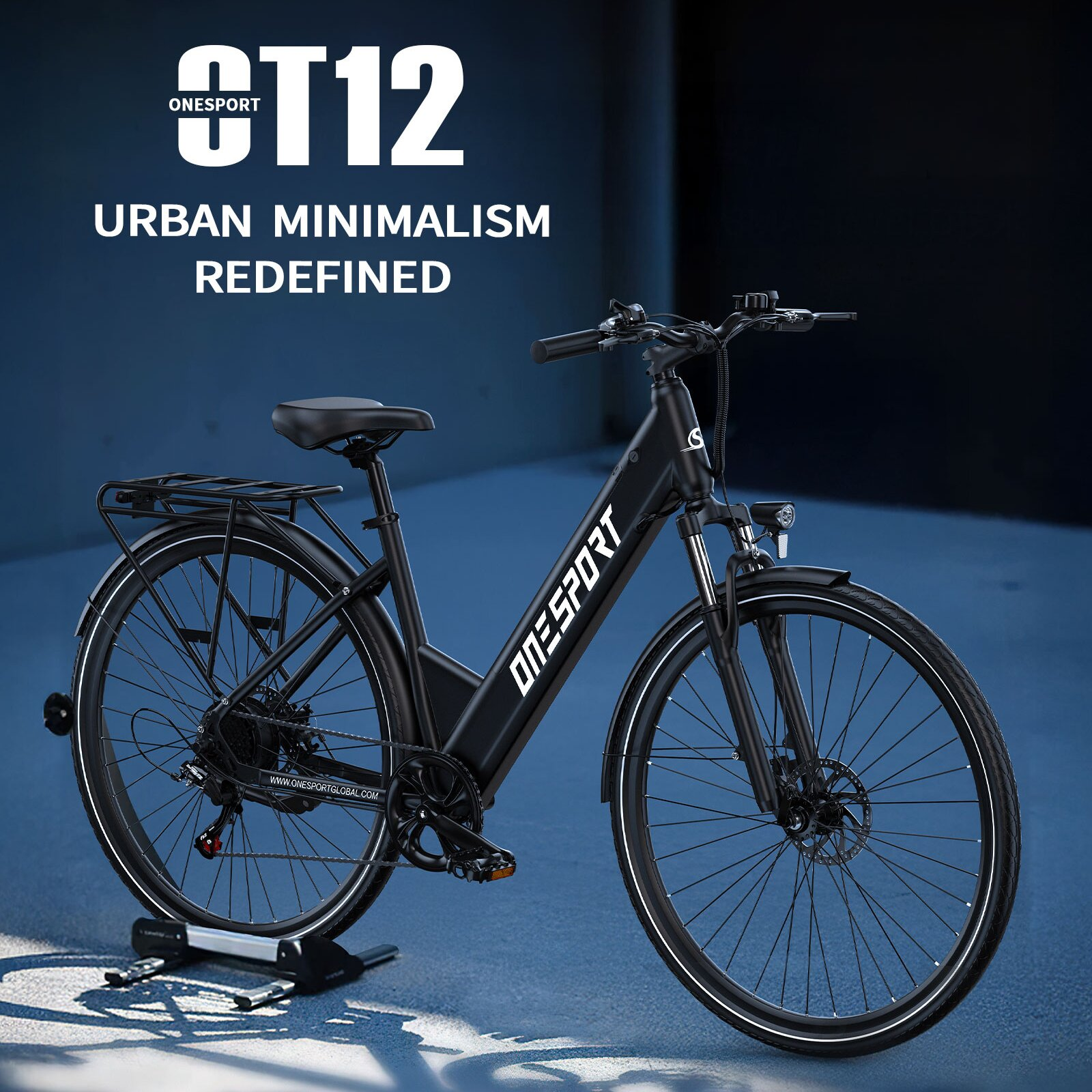 Bici elettrica nera con portapacchi, testo "CT12 Urban Minimalism Redefined".