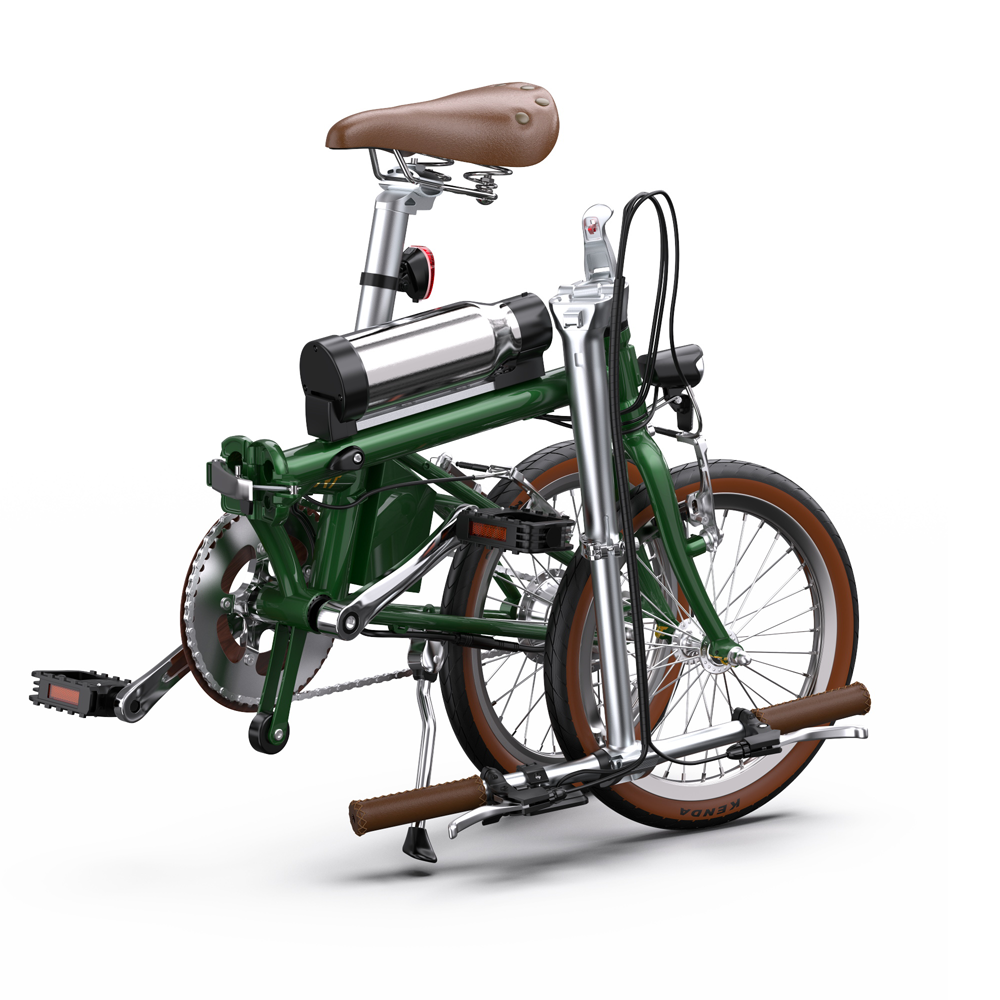 Bicicletta pieghevole verde con sella e manubrio marroni, batteria argento.