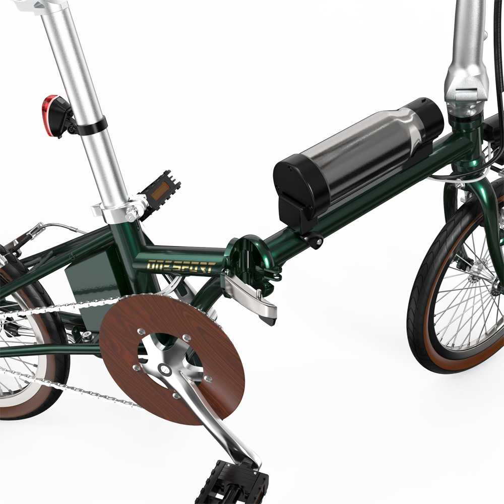 Una bicicletta pieghevole verde con telaio argento, disco pedale in legno e portaborraccia.