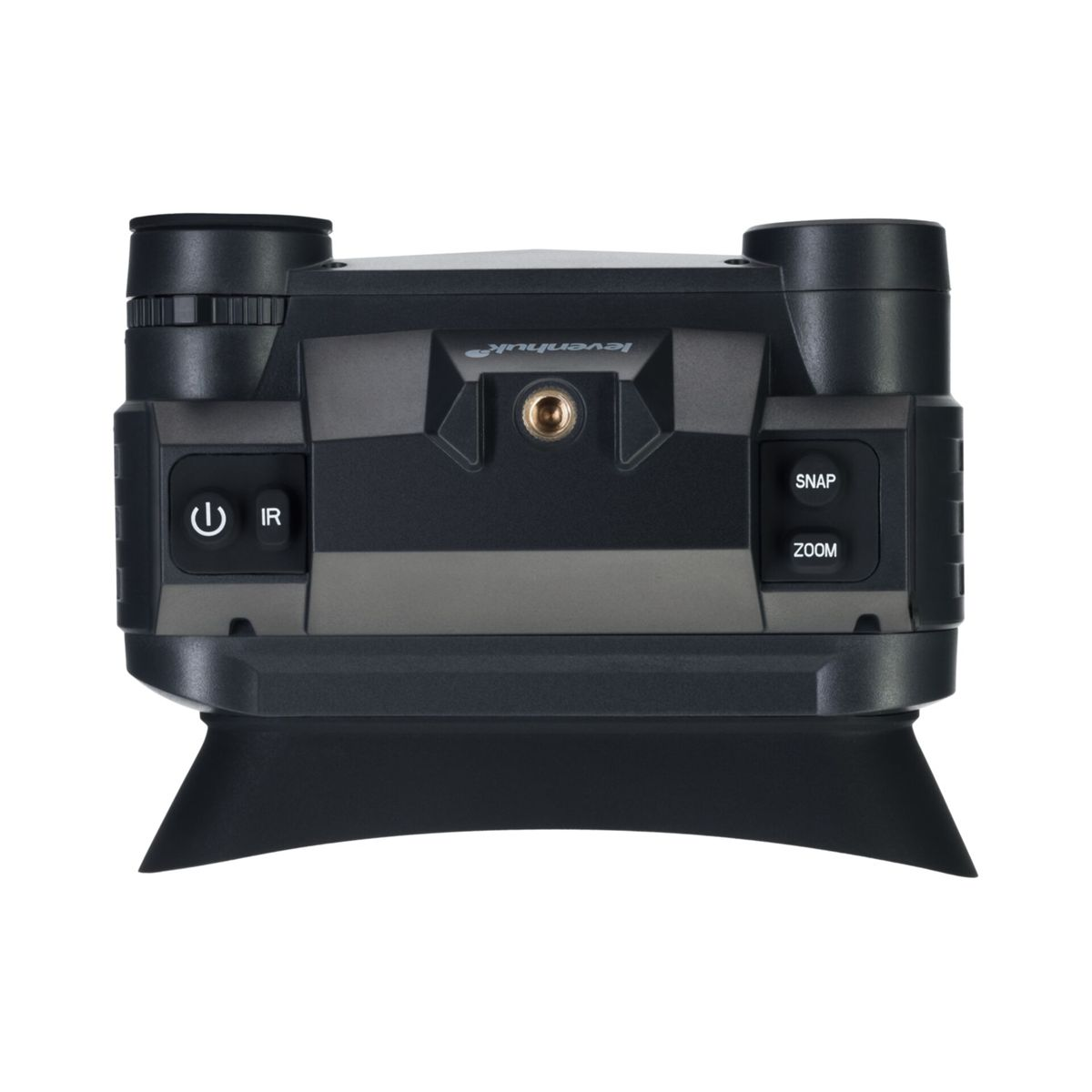 Una fotocamera digitale Levenhuk nera con pulsanti IR, accensione, snap e zoom, su sfondo bianco.