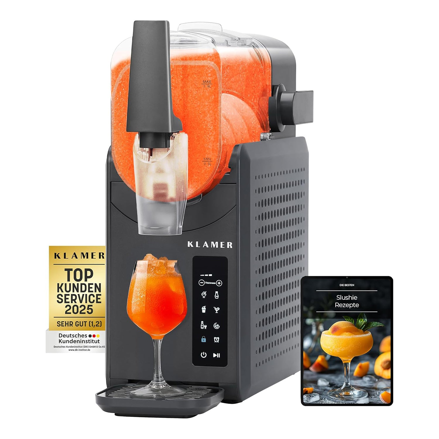 Grauer Slushie-Maker mit Orangen-Slush, Auszeichnung und Rezeptbuch.