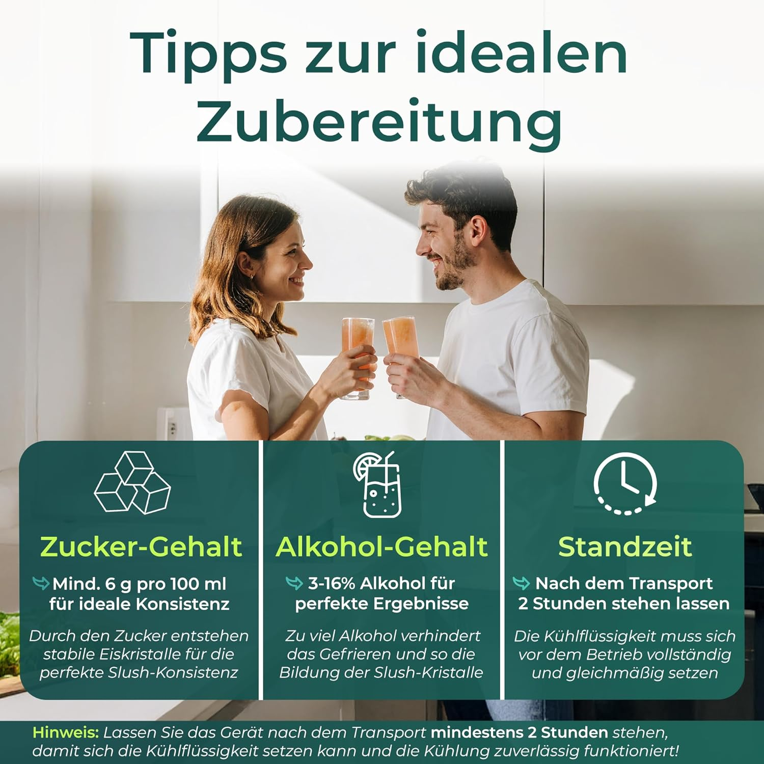 Ein Paar hebt Gläser mit Slush an. Links: Zuckergehalt, Mitte: Alkoholgehalt, Rechts: Standzeit.